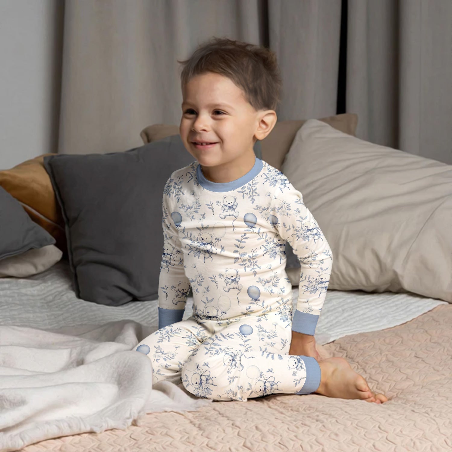 Blue Bear Toile de jouy Two Piece Long Sleeve Pajama Set - StazzyBaby