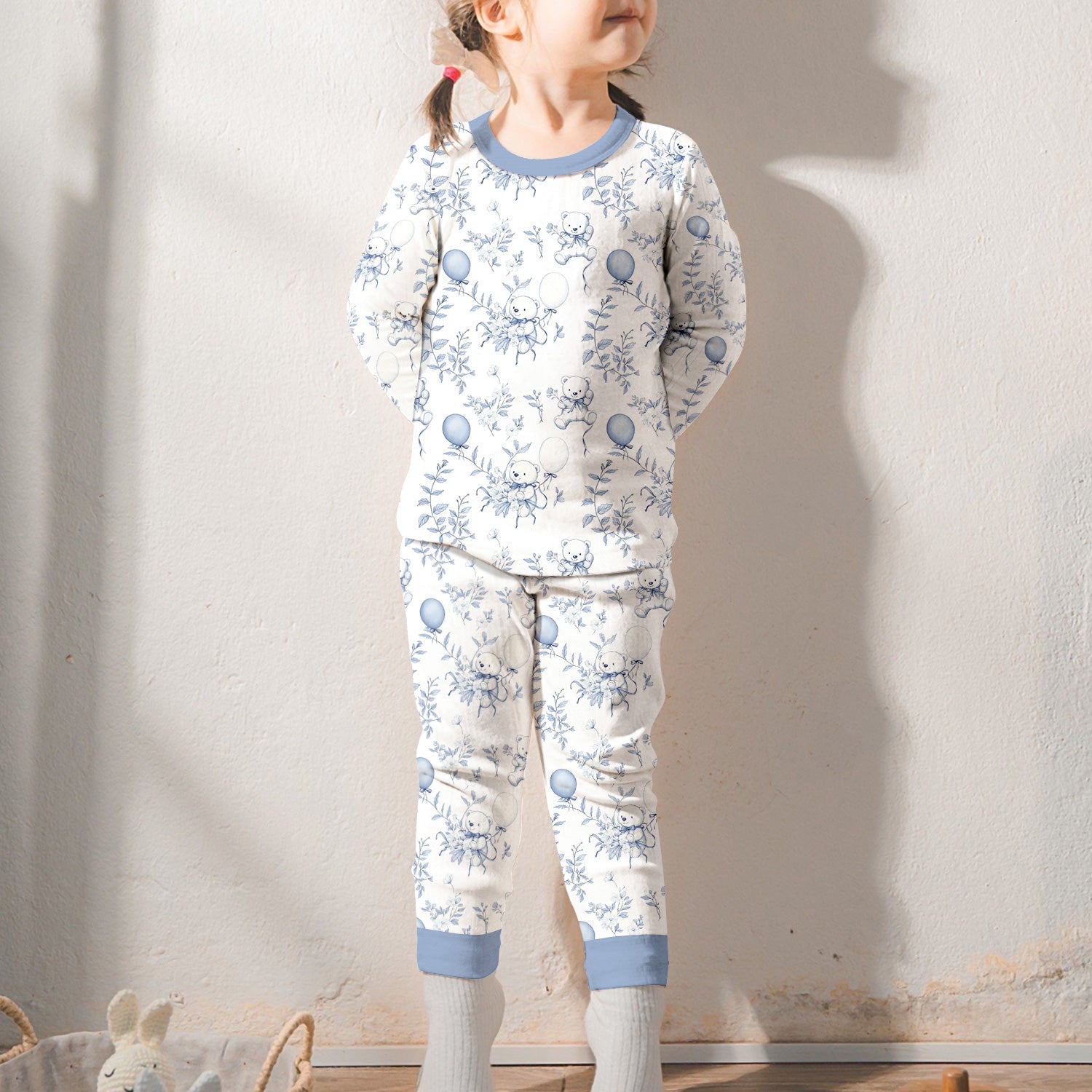 Blue Bear Toile de jouy Two Piece Long Sleeve Pajama Set - StazzyBaby