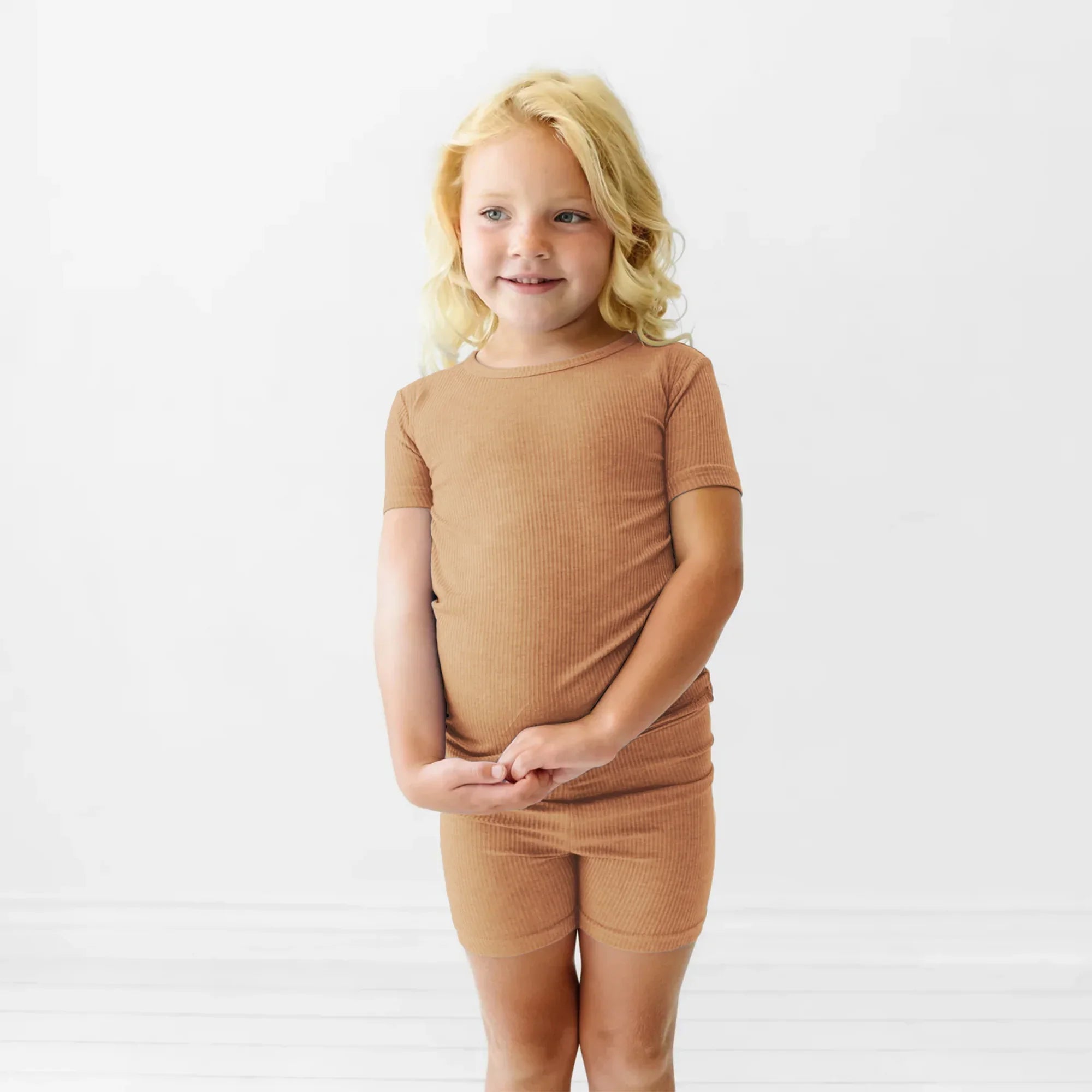 Caramel Ribbed Two Piece Short Sleeve & Shorts Pajama Set - StazzyBaby