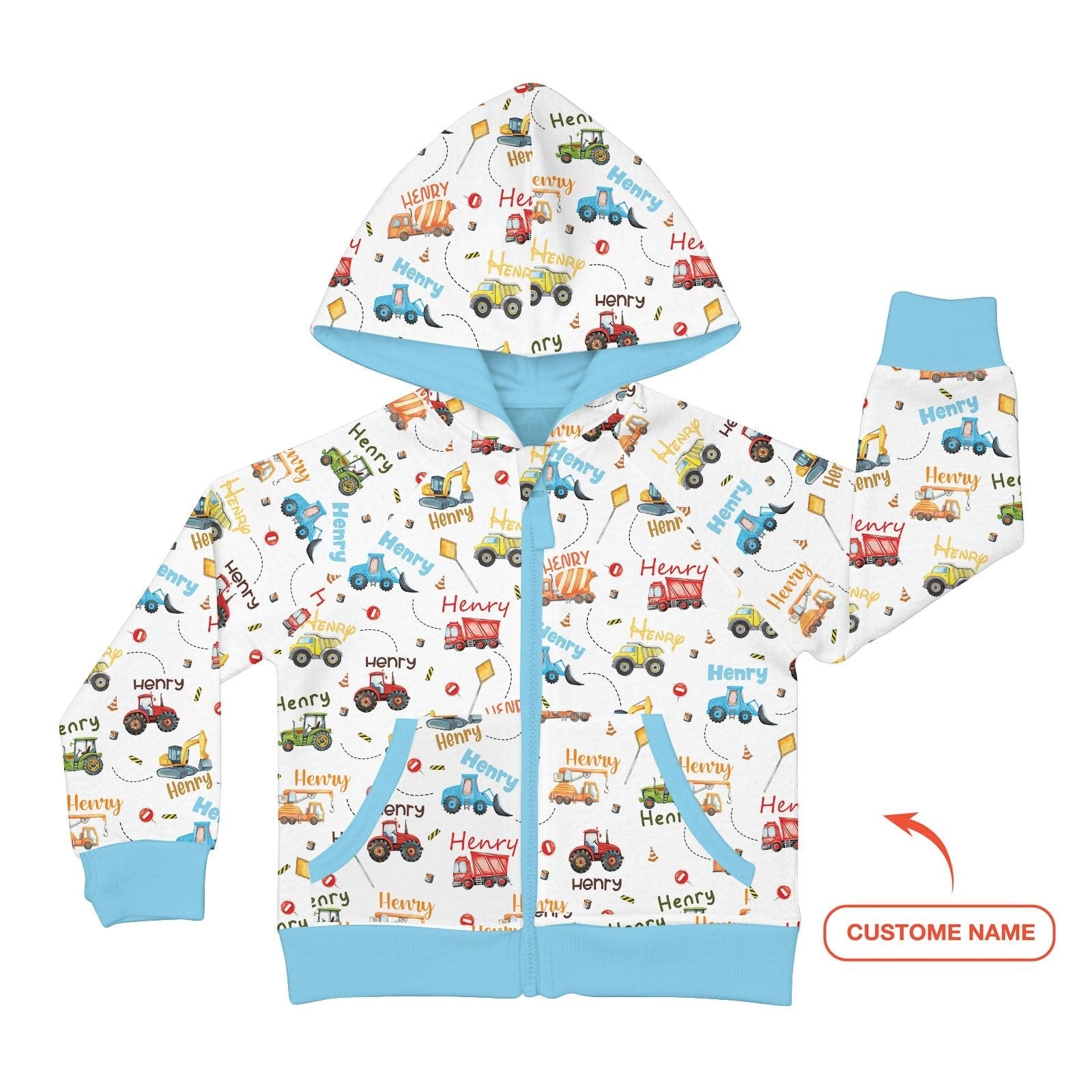 Construction Vehicles Custom Name Zip Hoodie - StazzyBaby