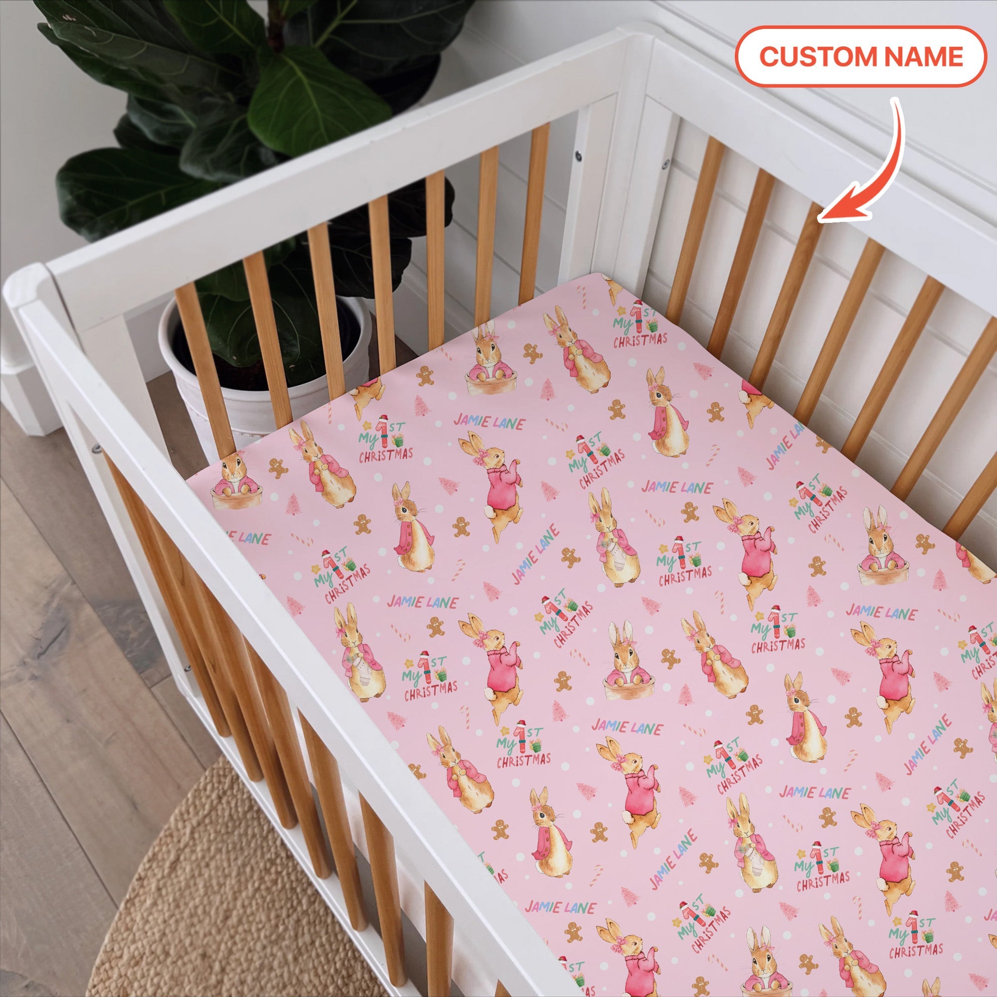 Custom 1st Christmas Rabbit Fitted Crib Sheet - StazzyBaby