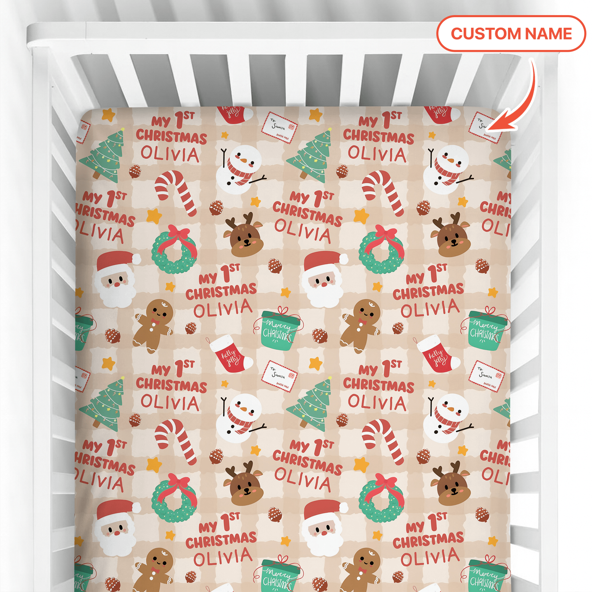 Custom Name My First Christmas Mocha Gingham Fitted Crib Sheet - StazzyBaby