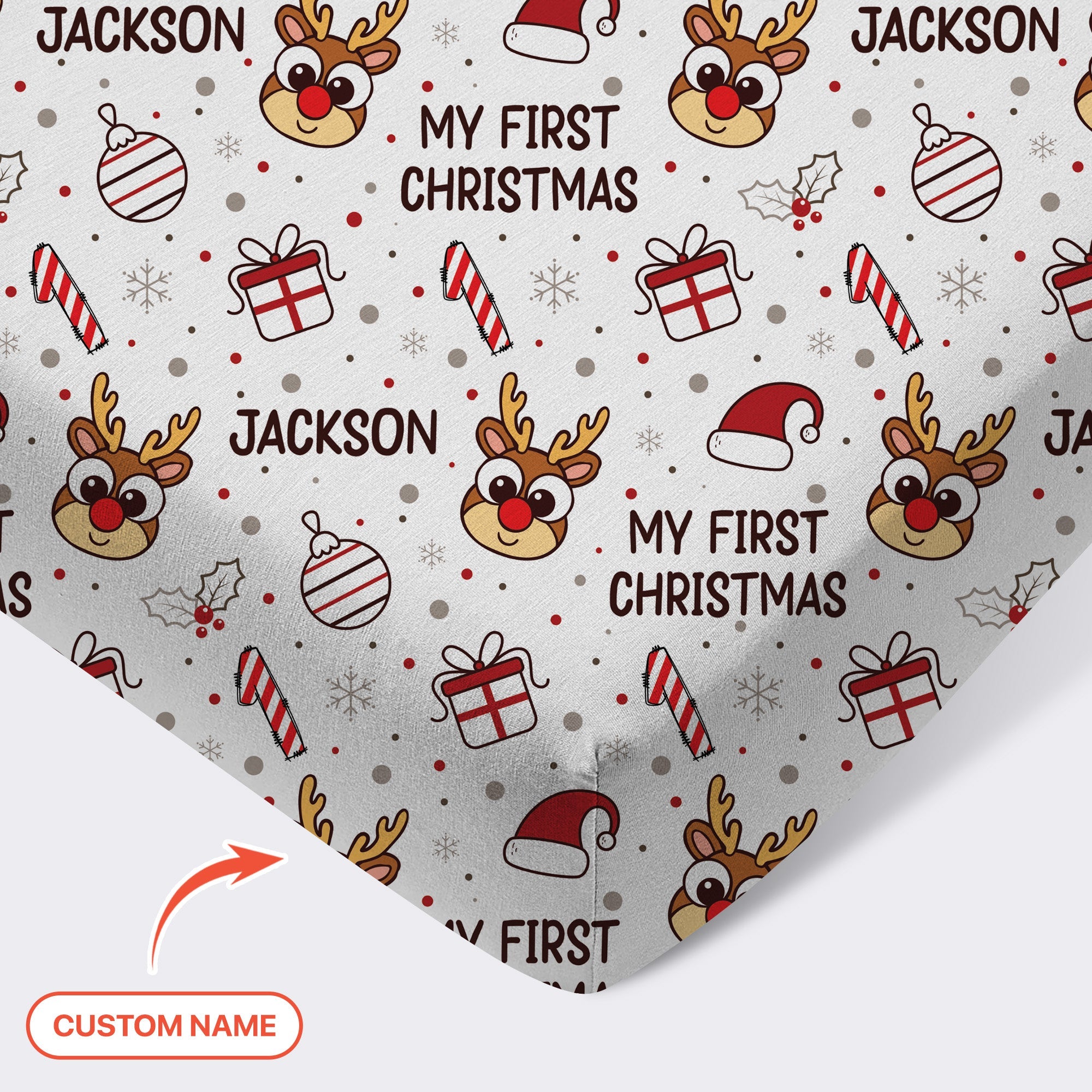 Custom Name Reindeer Doodle My First Christmas Fitted Crib Sheet - StazzyBaby