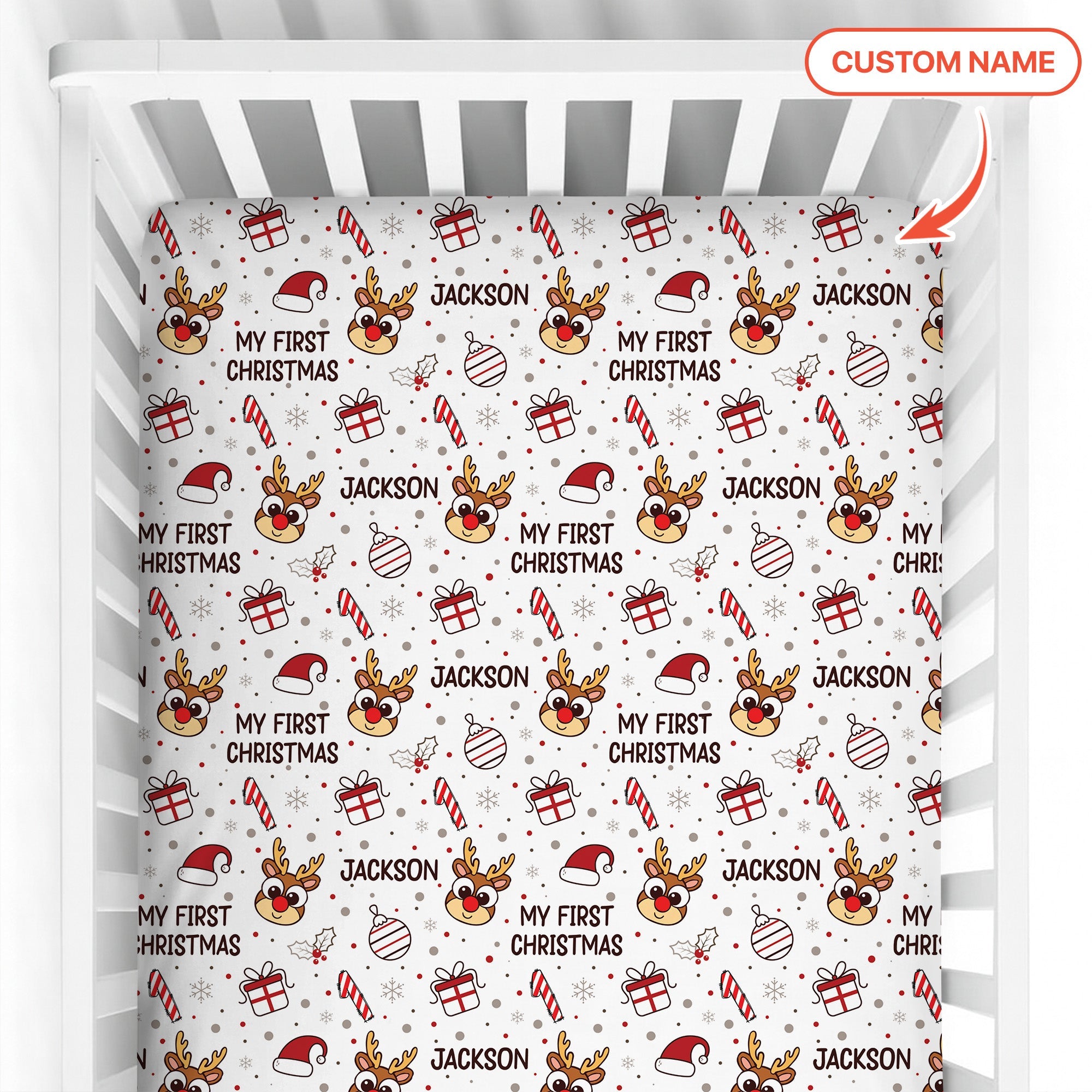Custom Name Reindeer Doodle My First Christmas Fitted Crib Sheet - StazzyBaby