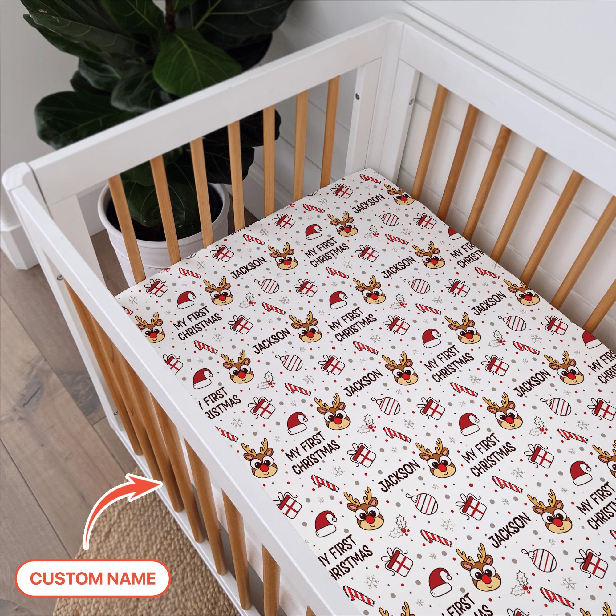 Custom Name Reindeer Doodle My First Christmas Fitted Crib Sheet - StazzyBaby
