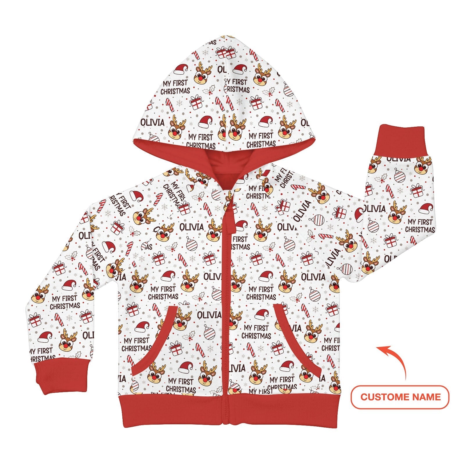 Custom Name Reindeer Doodle My First Christmas Zip Hoodie - StazzyBaby
