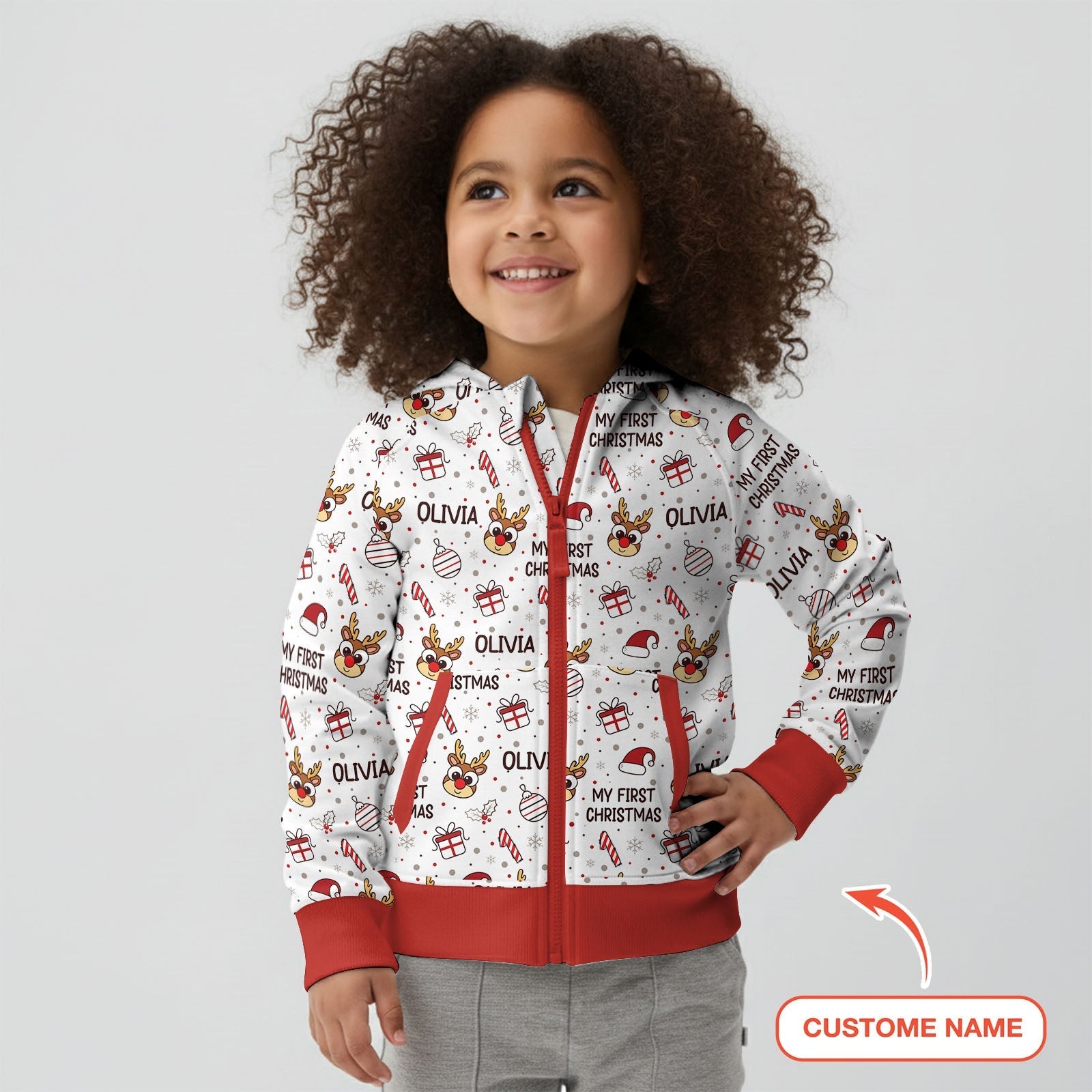 Custom Name Reindeer Doodle My First Christmas Zip Hoodie - StazzyBaby