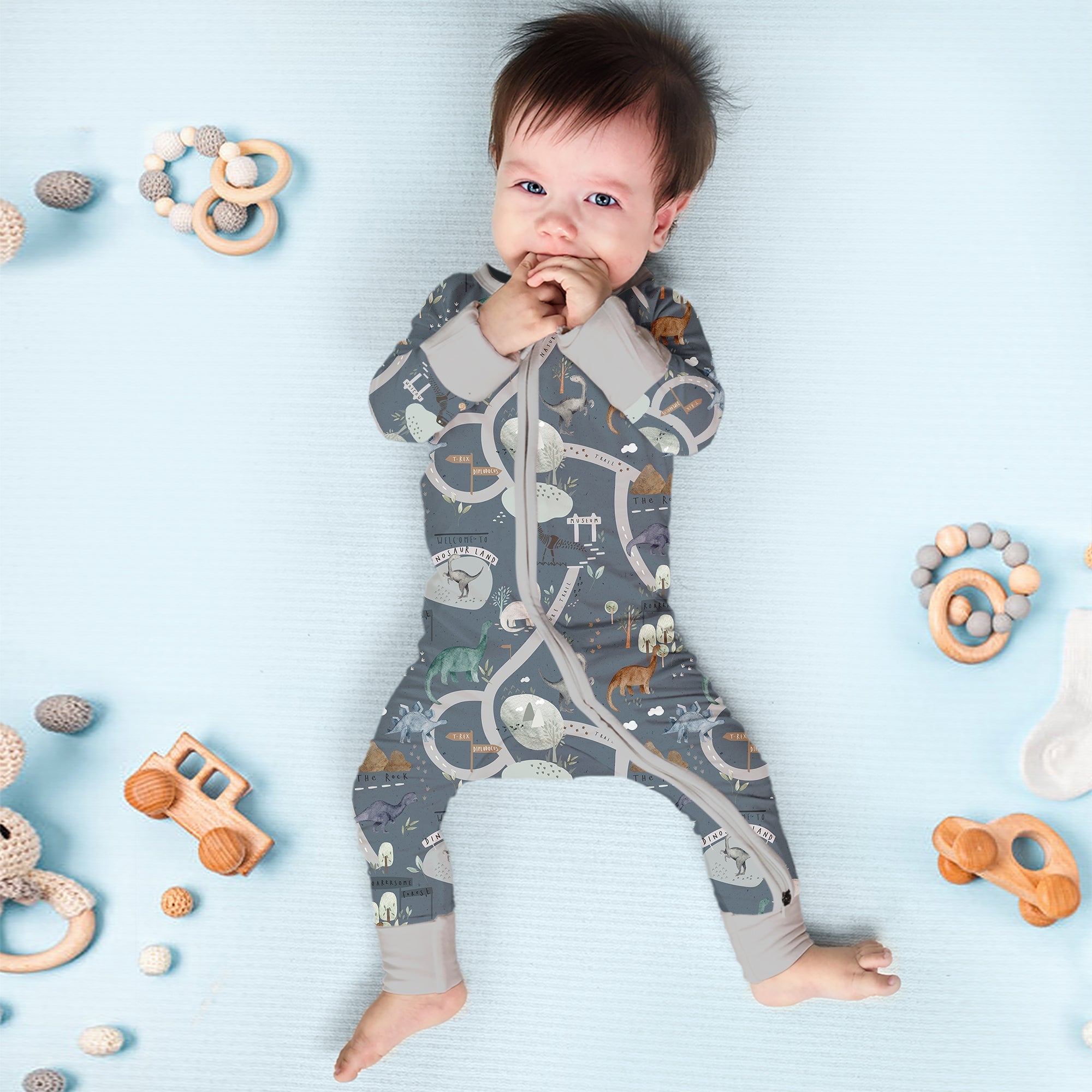 Dinosaur Route Map Convertible Zippered Romper - StazzyBaby