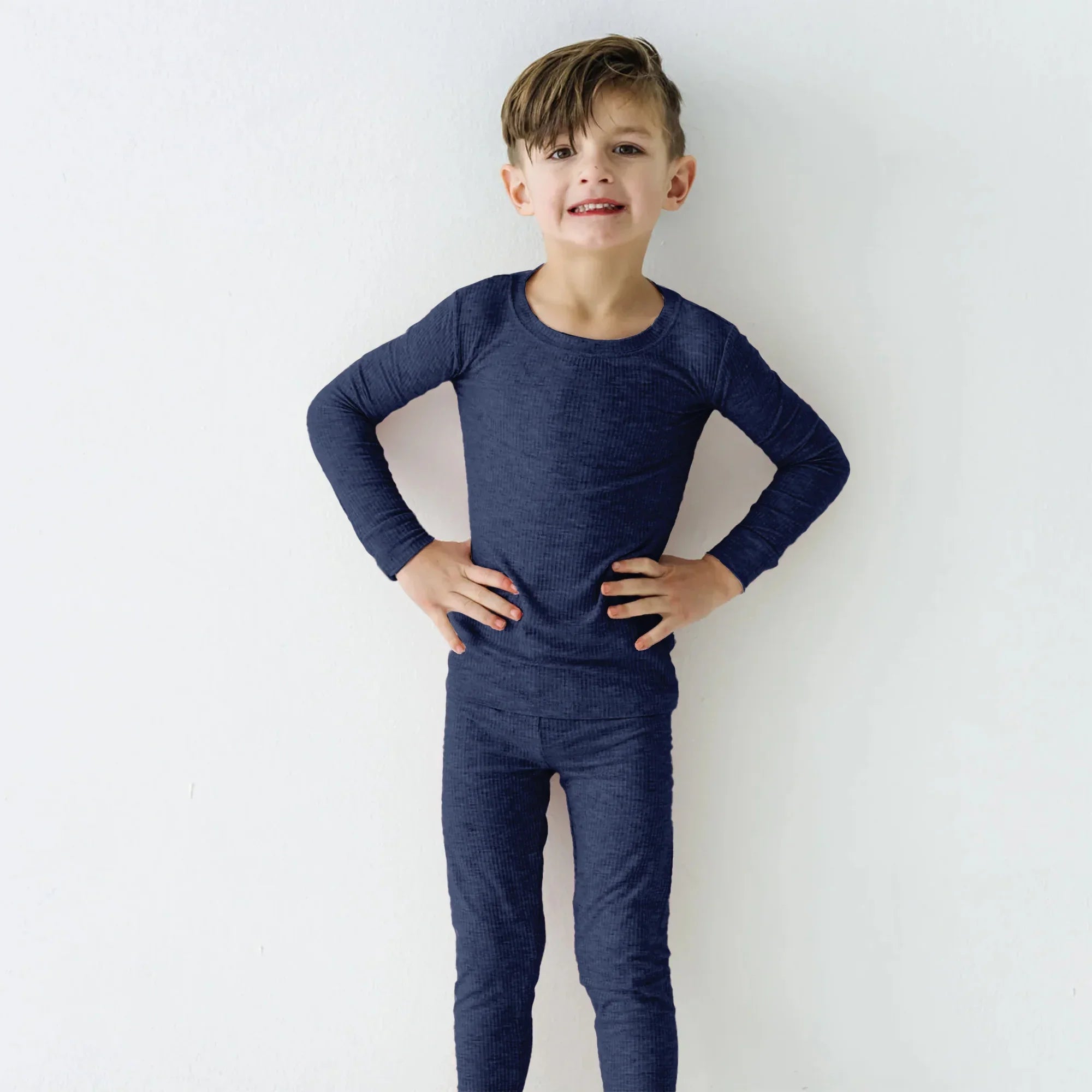 Midnight Blue Ribbed Two Piece Long Sleeve Pajama Set - StazzyBaby