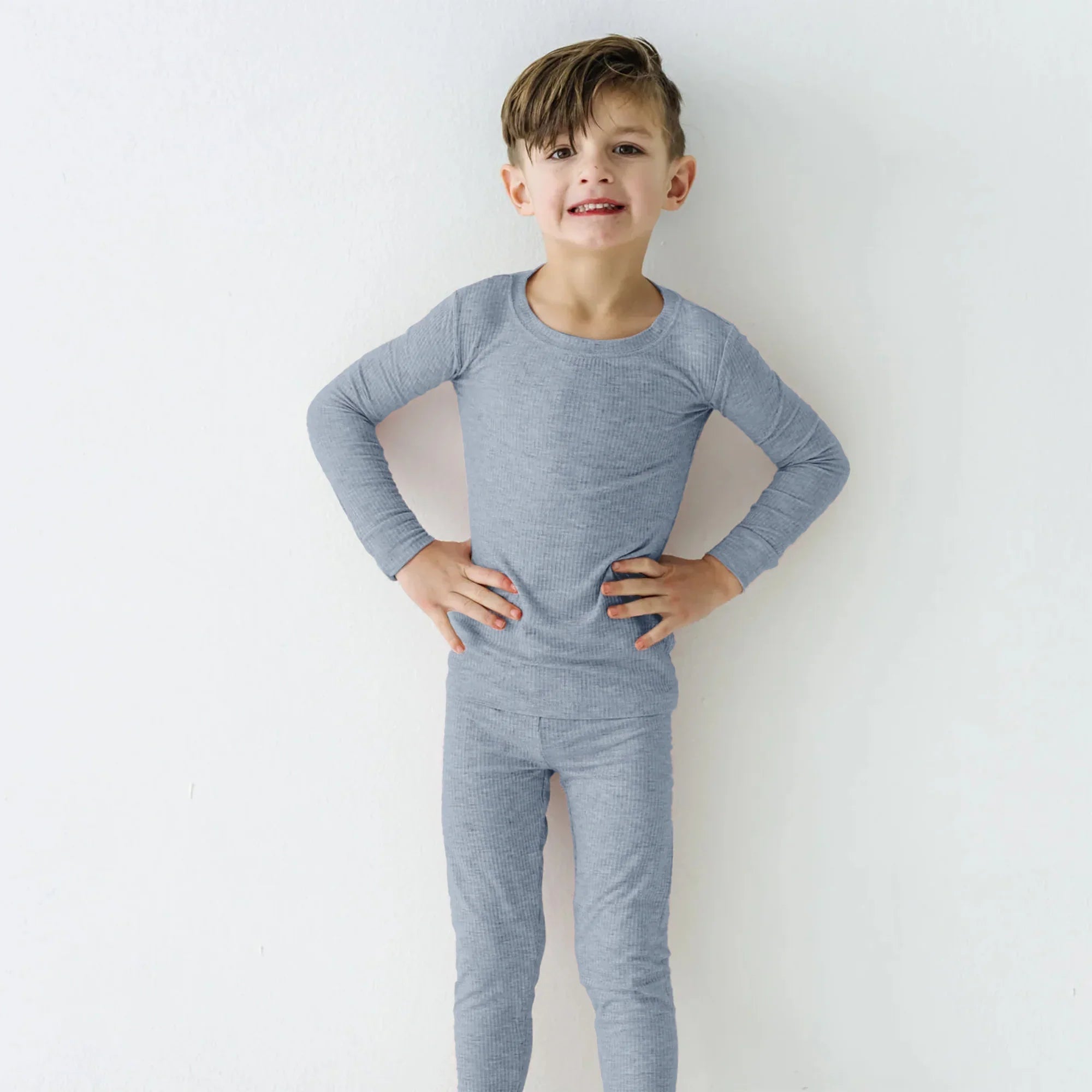 Misty Blue Ribbed Two Piece Long Sleeve Pajama Set - StazzyBaby