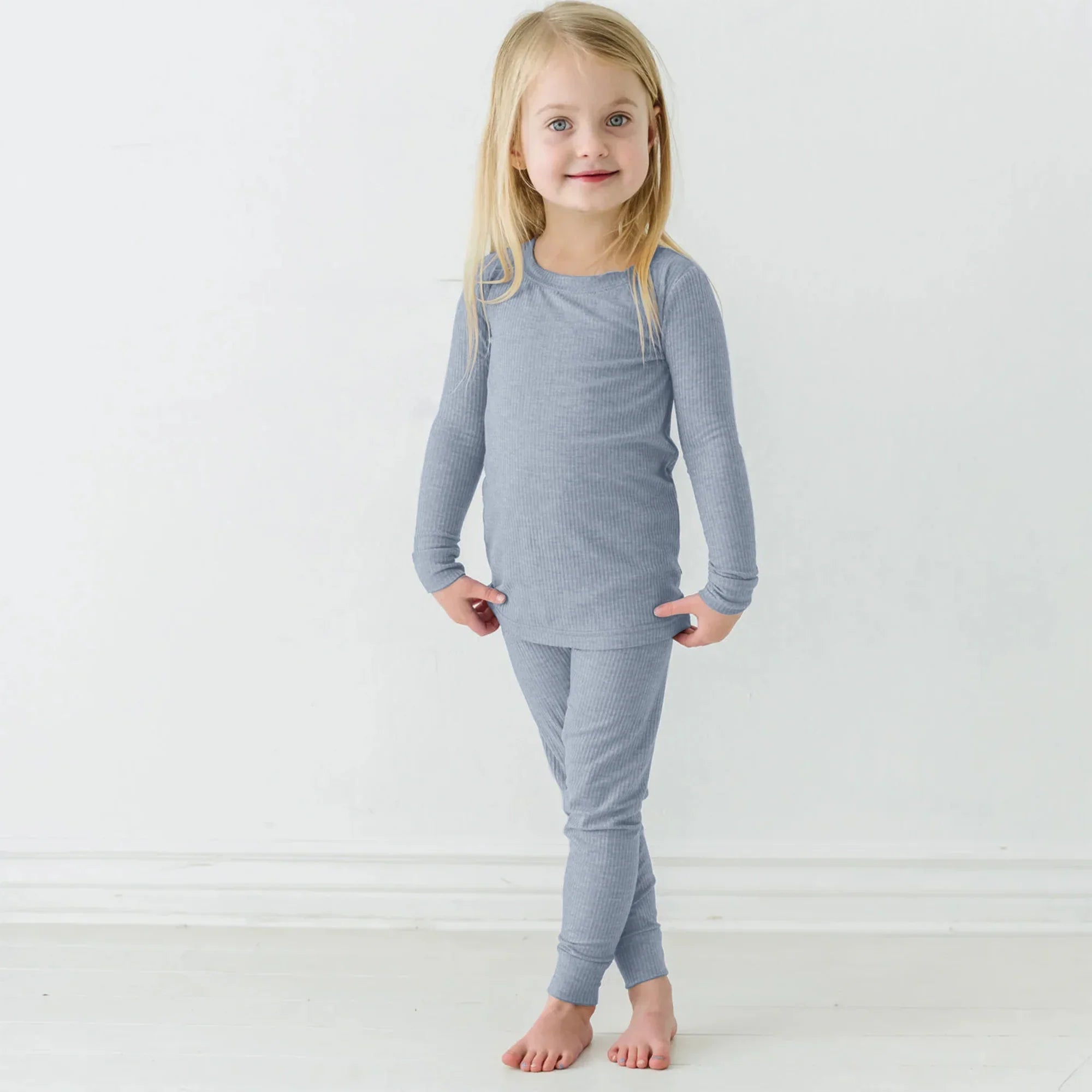 Misty Blue Ribbed Two Piece Long Sleeve Pajama Set - StazzyBaby