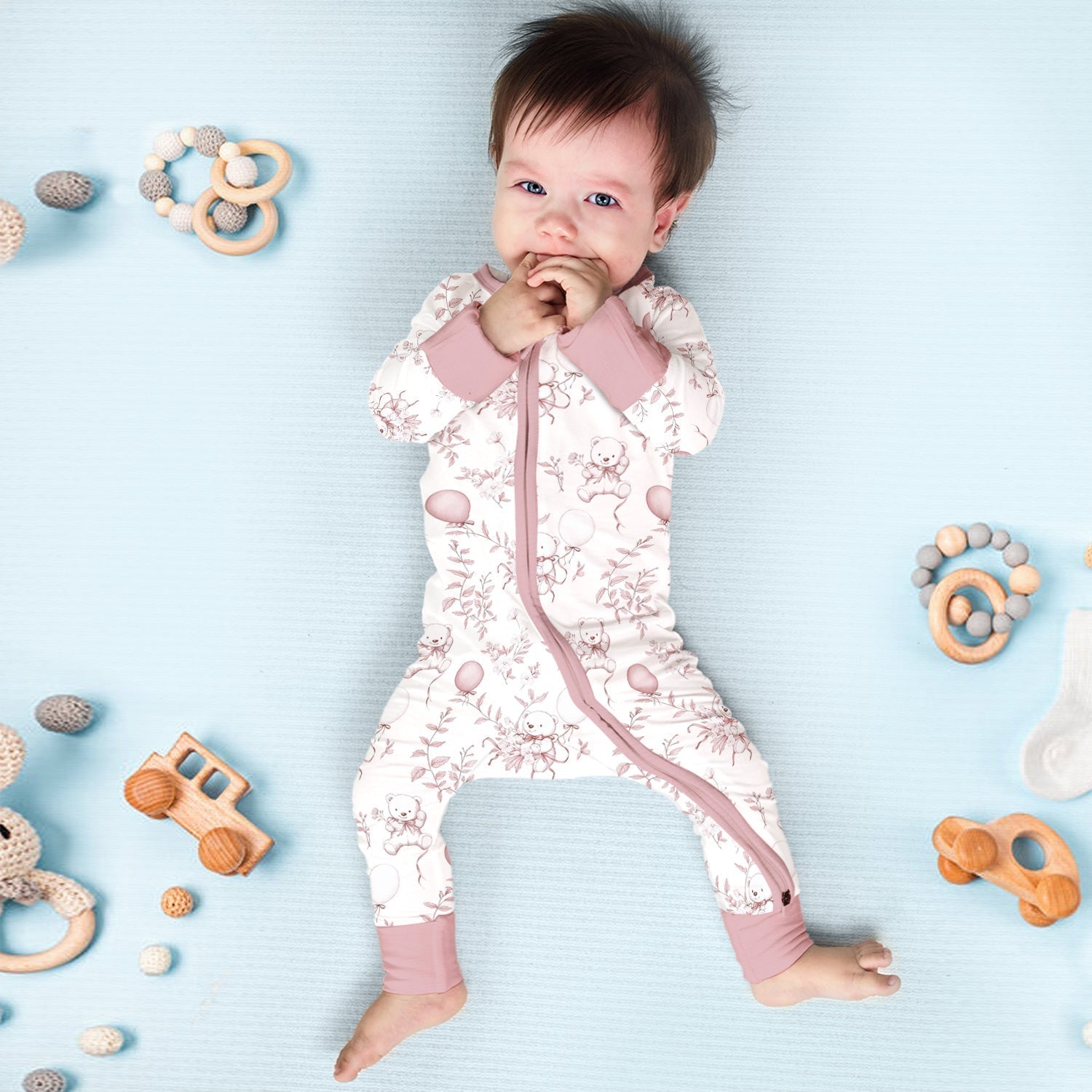 Pink Bear Toile de jouy Convertible Zippered Romper - StazzyBaby