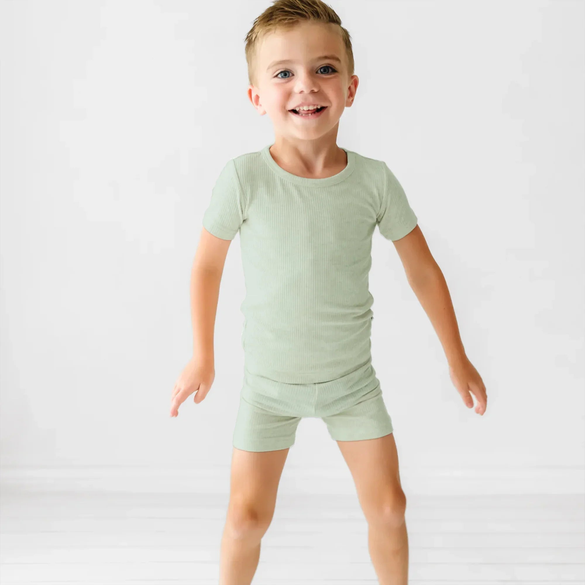 Sweet Sage Ribbed Two Piece Short Sleeve & Shorts Pajama Set - StazzyBaby