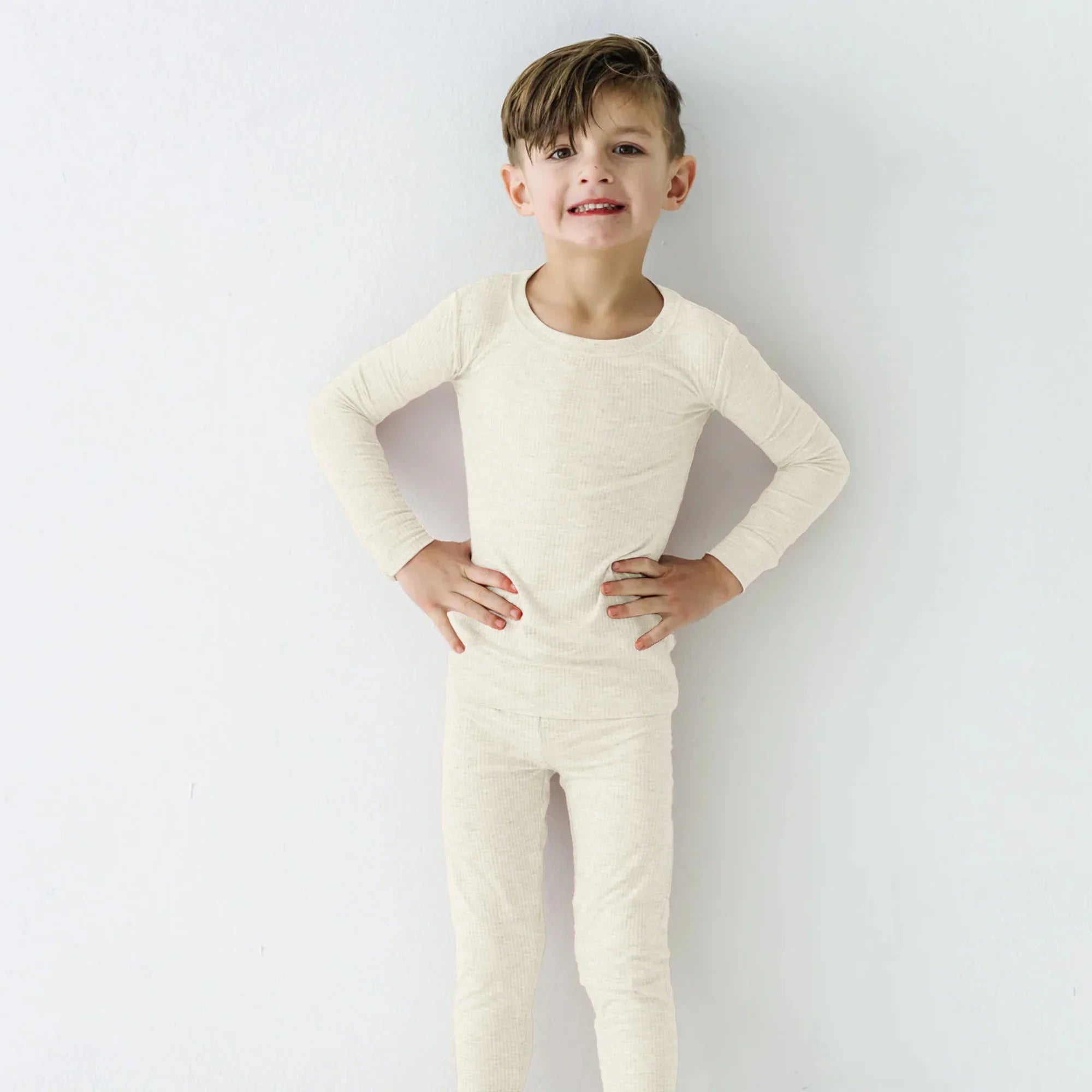 Vanilla Cream Ribbed Two Piece Long Sleeve Pajama Set - StazzyBaby