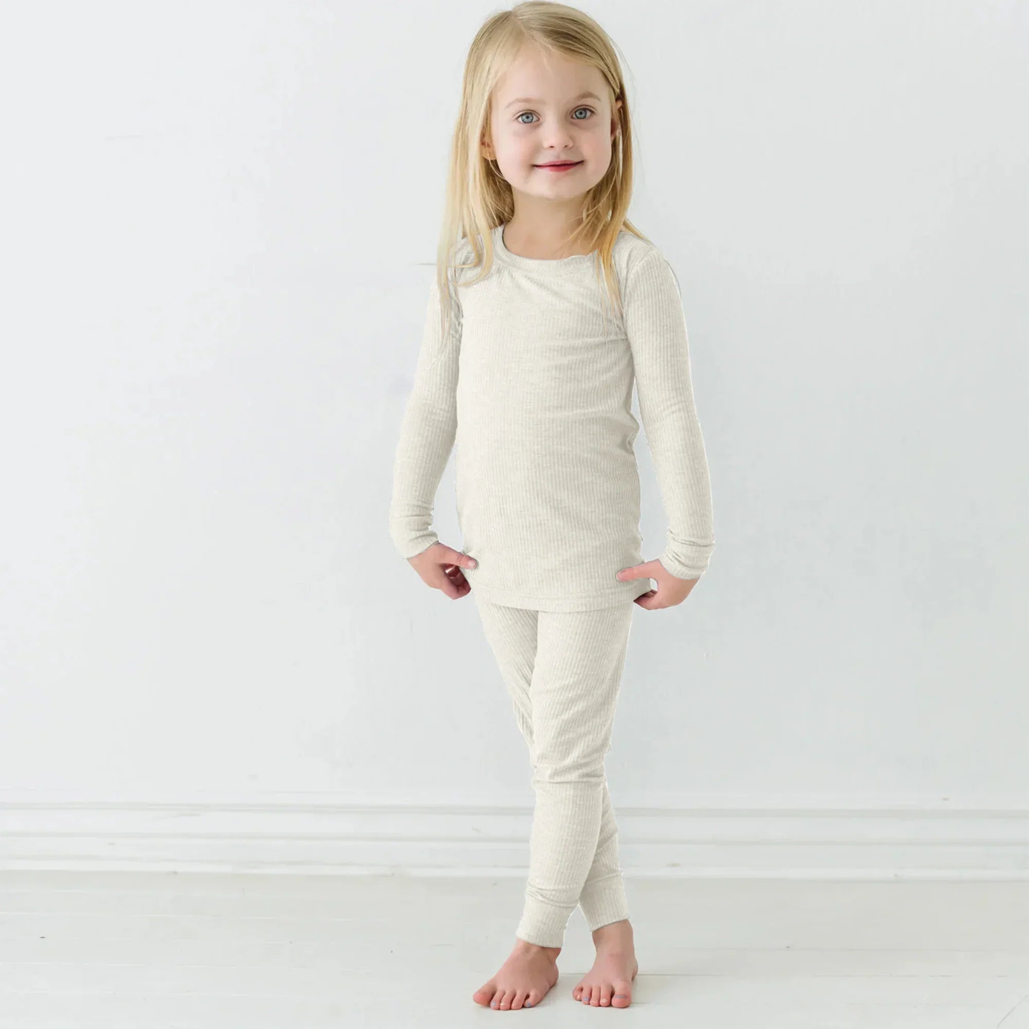 Vanilla Cream Ribbed Two Piece Long Sleeve Pajama Set - StazzyBaby