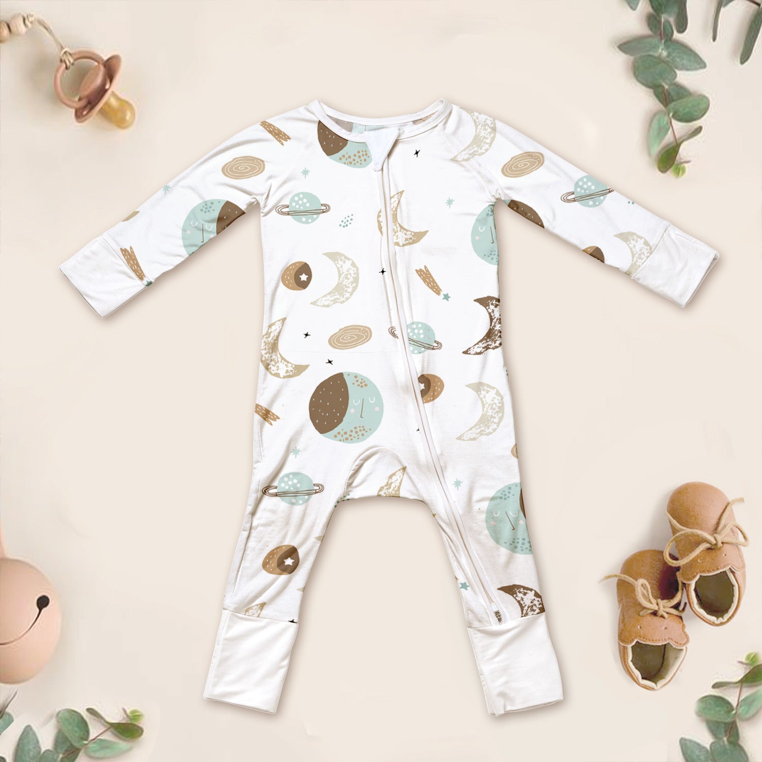 Bamboo Luna Neutral Crescent Convertible Zippered Romper