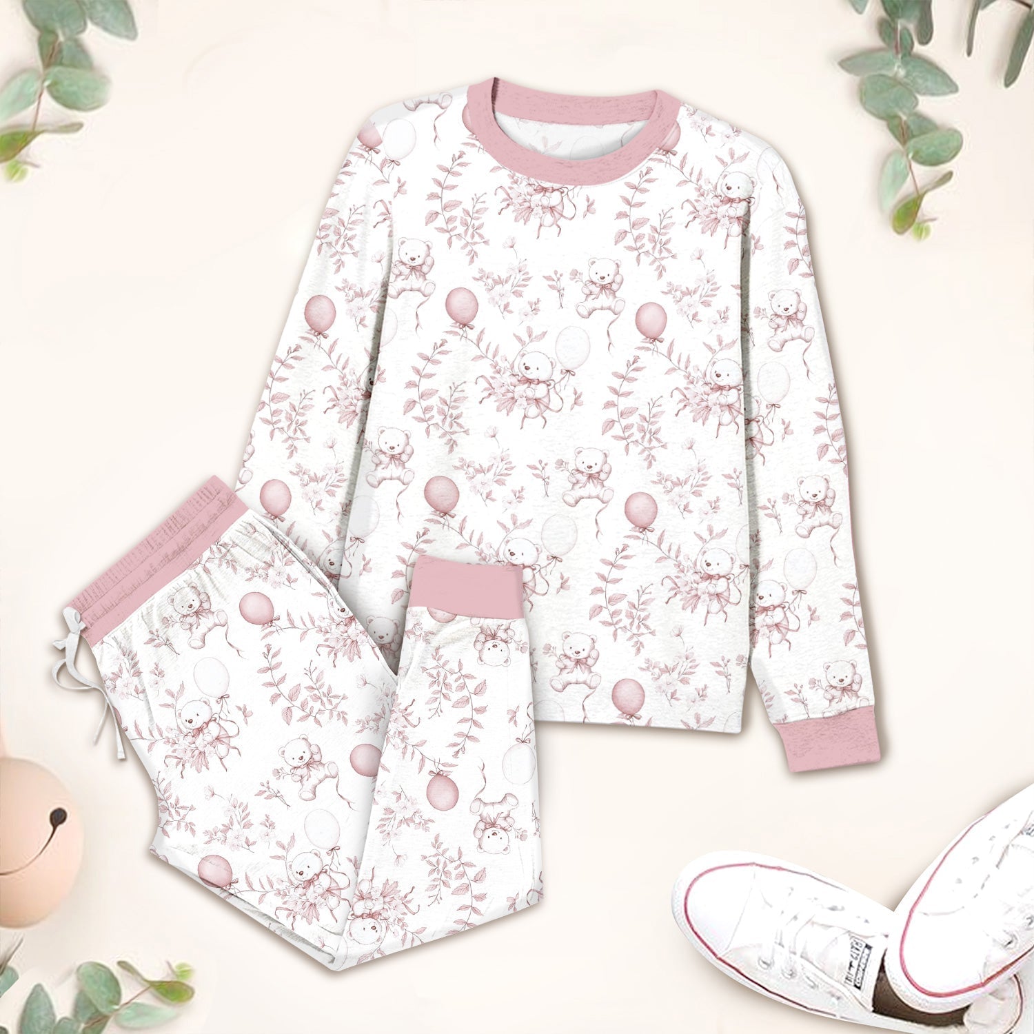 Pink Bear Toile de jouy Two Piece Long Sleeve Pajama Set