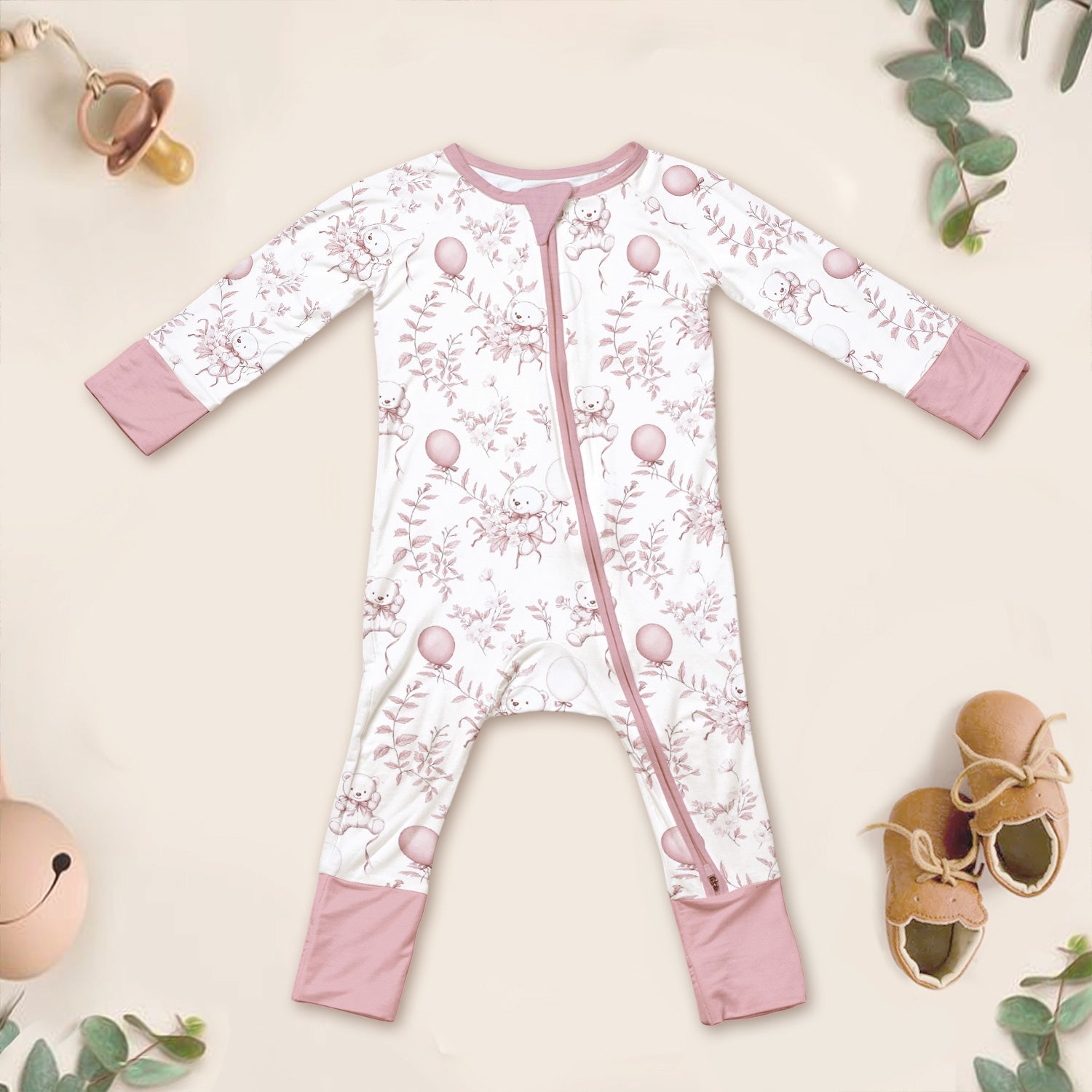 Pink Bear Toile de jouy Convertible Zippered Romper