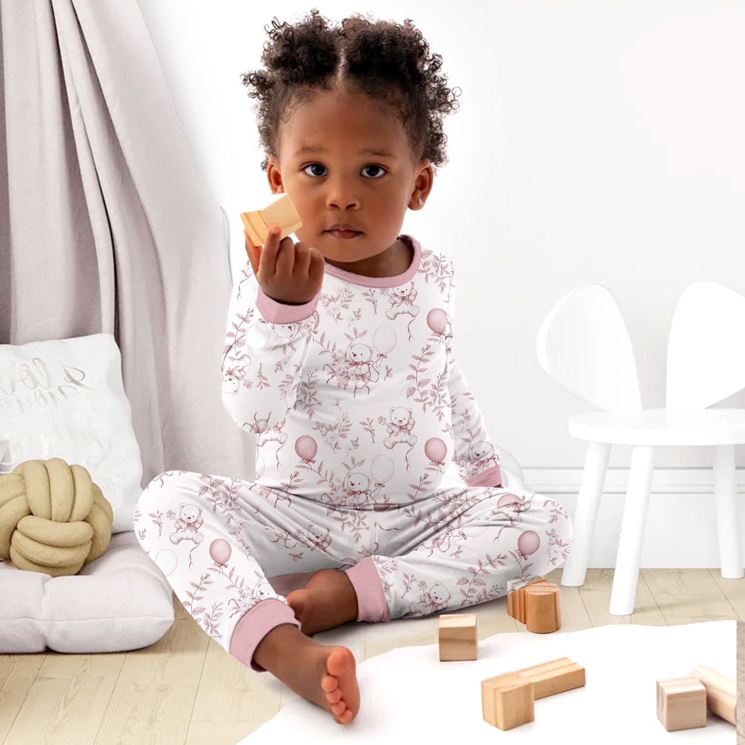 Pink Bear Toile de jouy Two Piece Long Sleeve Pajama Set