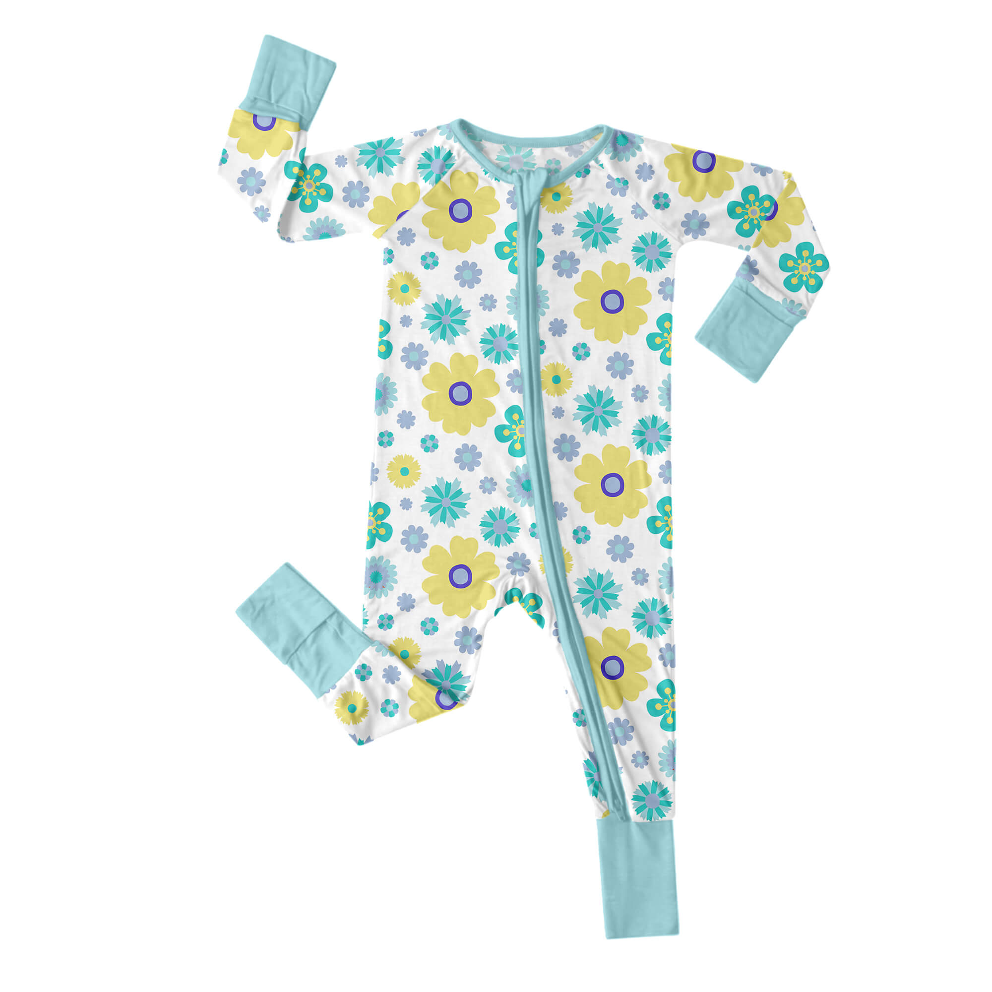 Aqua Floral Convertible Zippered Romper - StazzyBaby