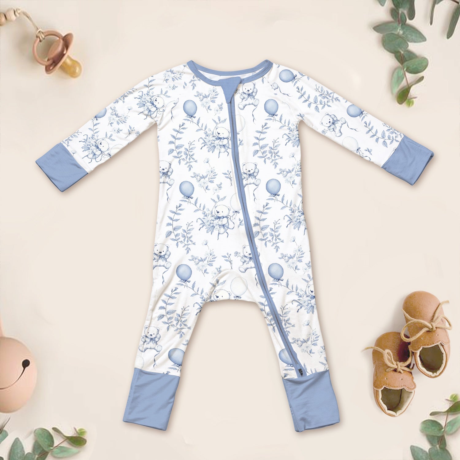Blue Bear Toile de jouy Convertible Zippered Romper - StazzyBaby