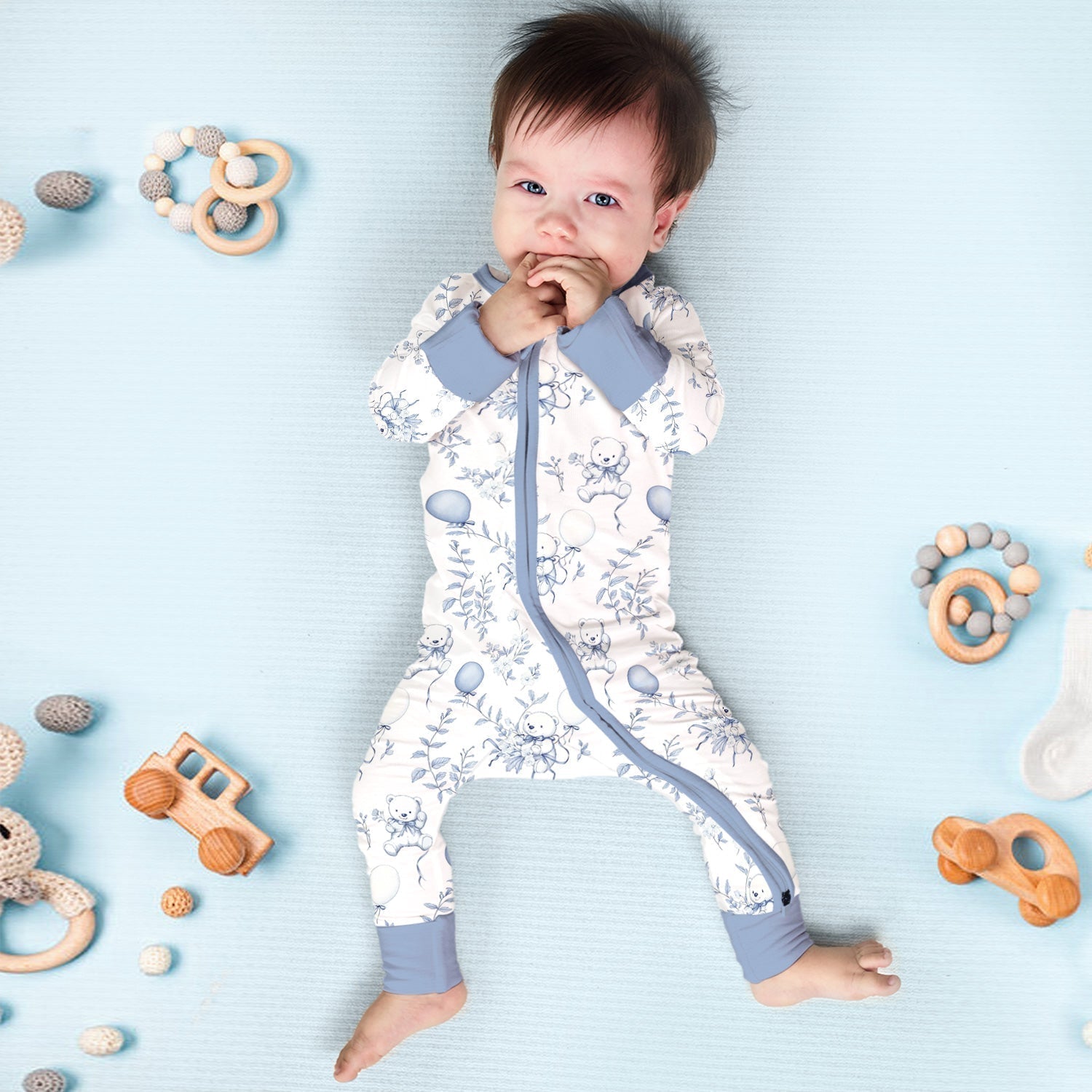 Blue Bear Toile de jouy Convertible Zippered Romper - StazzyBaby