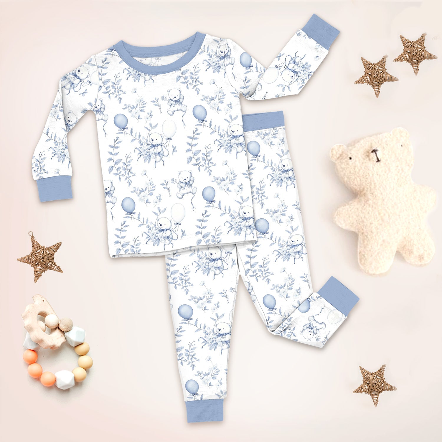 Blue Bear Toile de jouy Two Piece Long Sleeve Pajama Set - StazzyBaby
