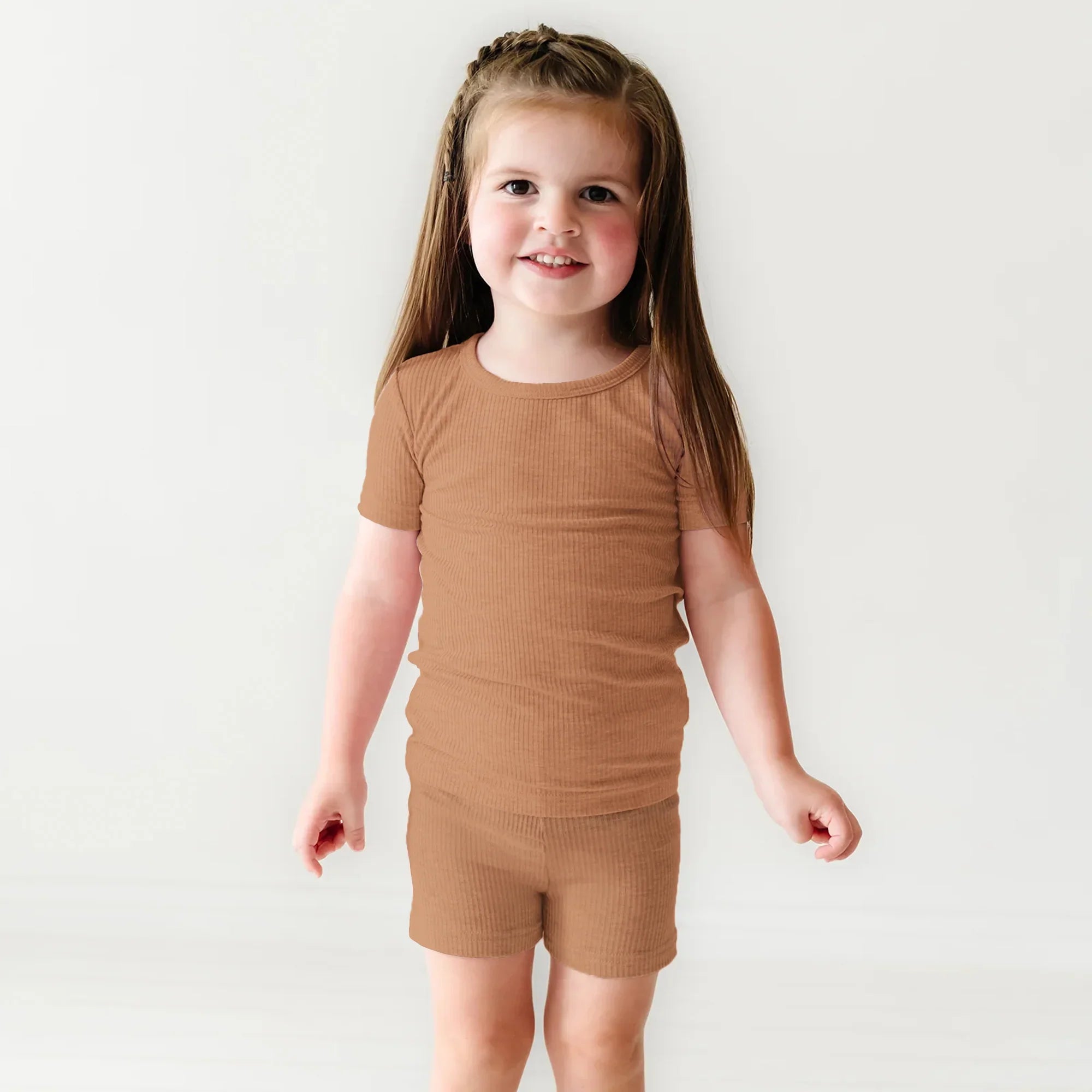 Caramel Ribbed Two Piece Short Sleeve & Shorts Pajama Set - StazzyBaby