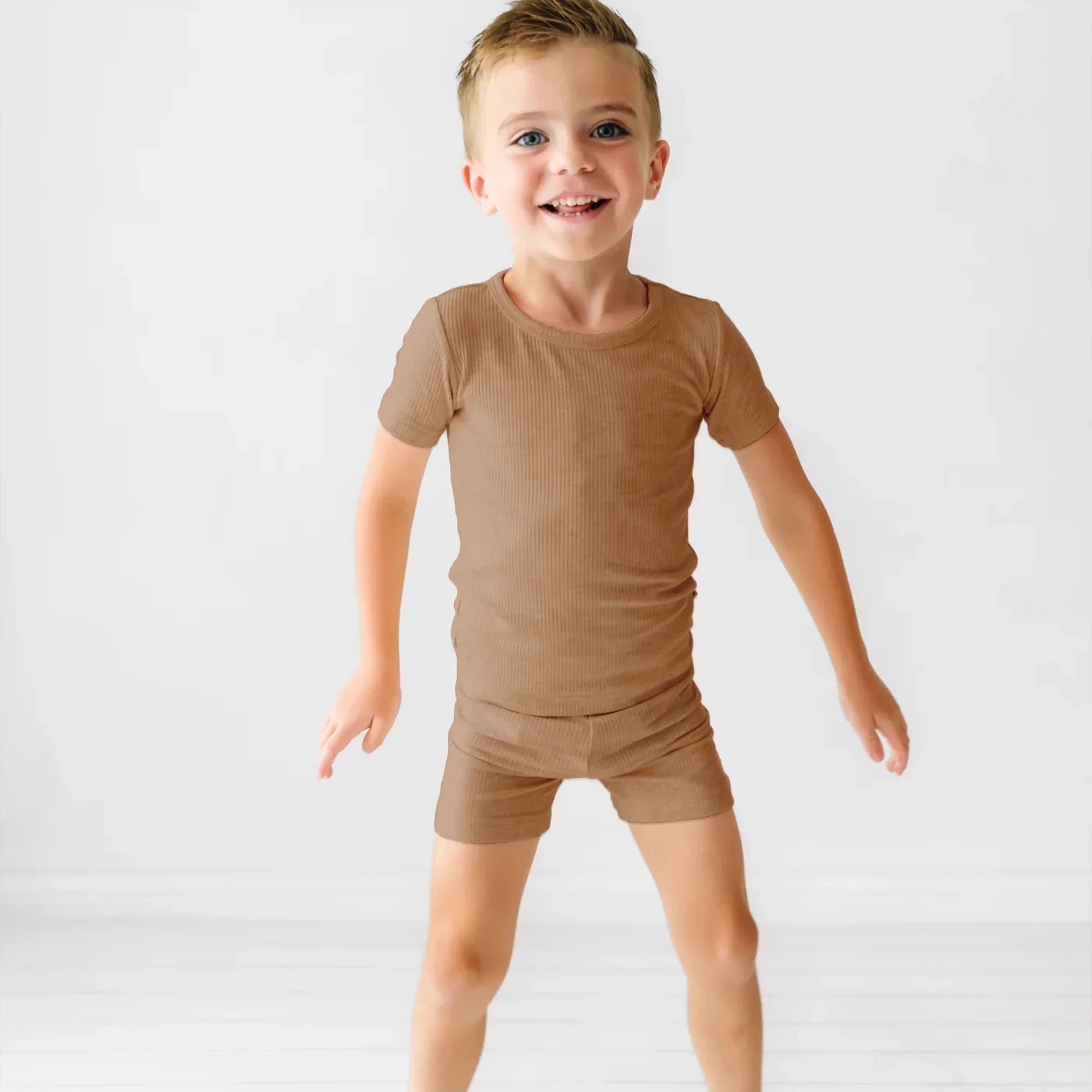 Caramel Ribbed Two Piece Short Sleeve & Shorts Pajama Set - StazzyBaby