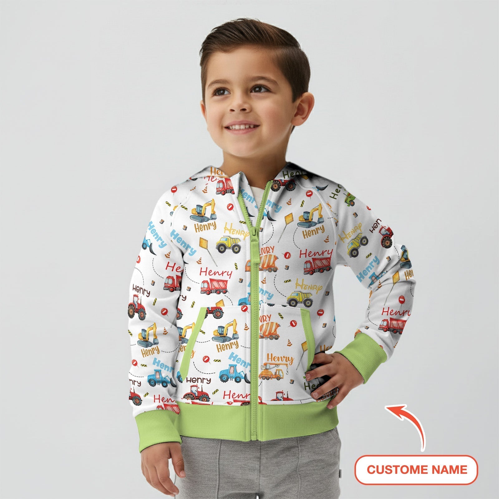 Construction Vehicles Custom Name Zip Hoodie - StazzyBaby