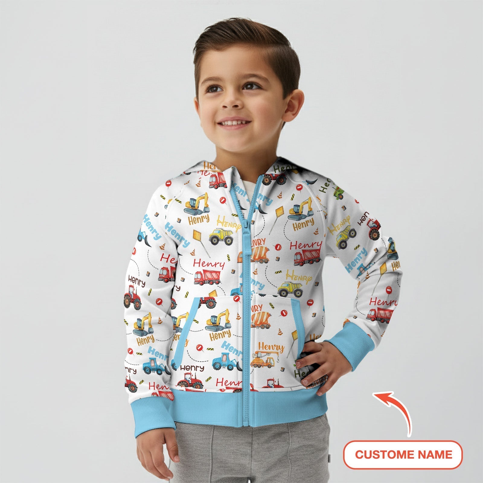 Construction Vehicles Custom Name Zip Hoodie - StazzyBaby