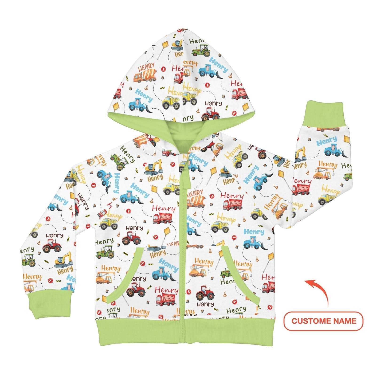 Construction Vehicles Custom Name Zip Hoodie - StazzyBaby