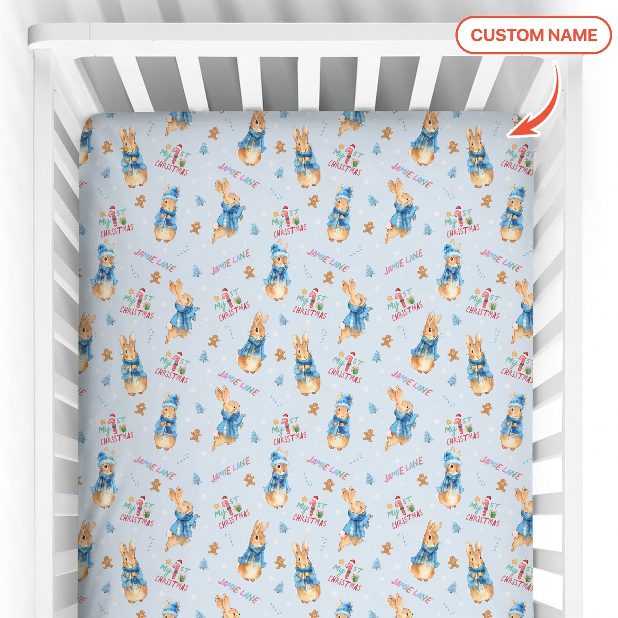 Custom 1st Christmas Rabbit Fitted Crib Sheet - StazzyBaby