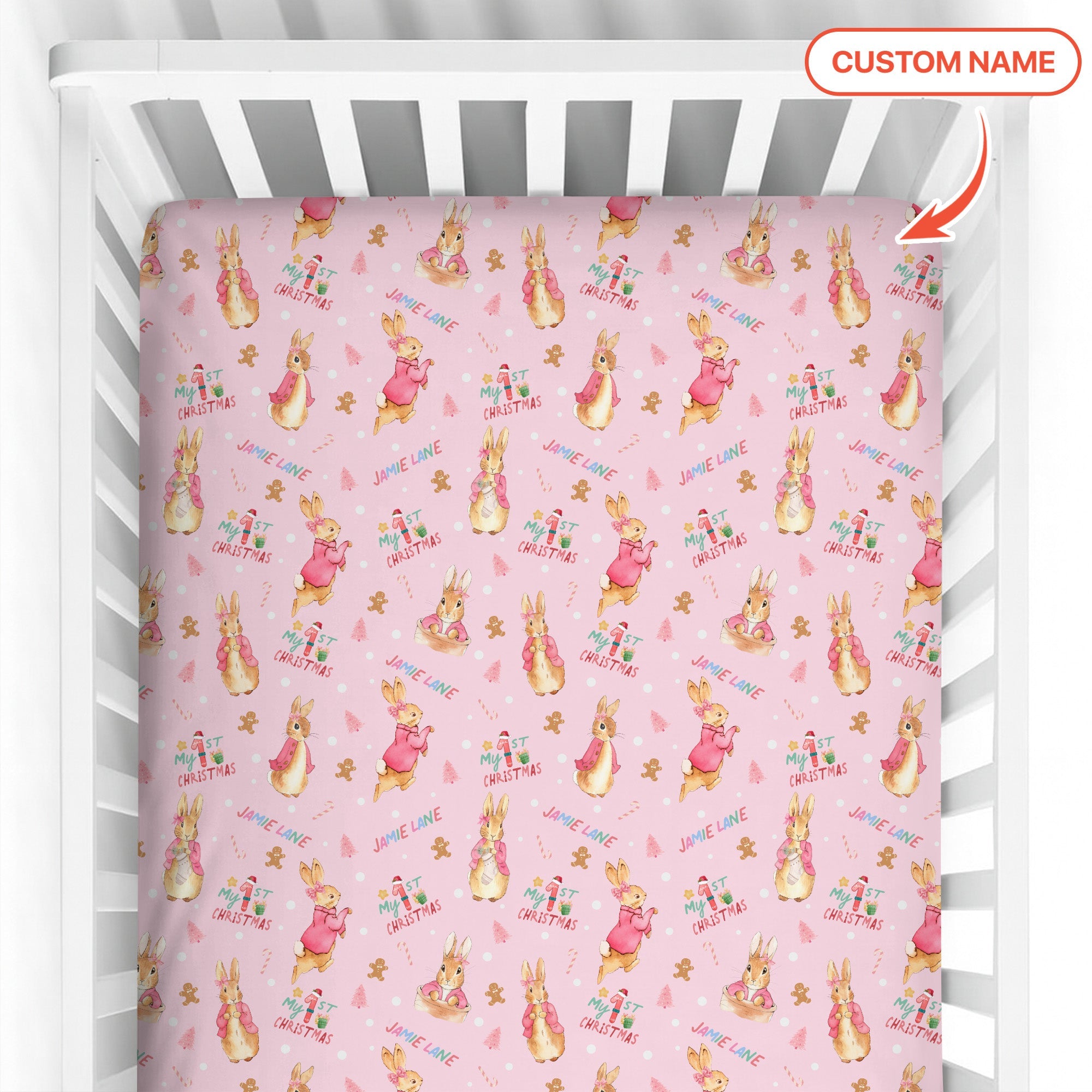 Custom 1st Christmas Rabbit Fitted Crib Sheet - StazzyBaby