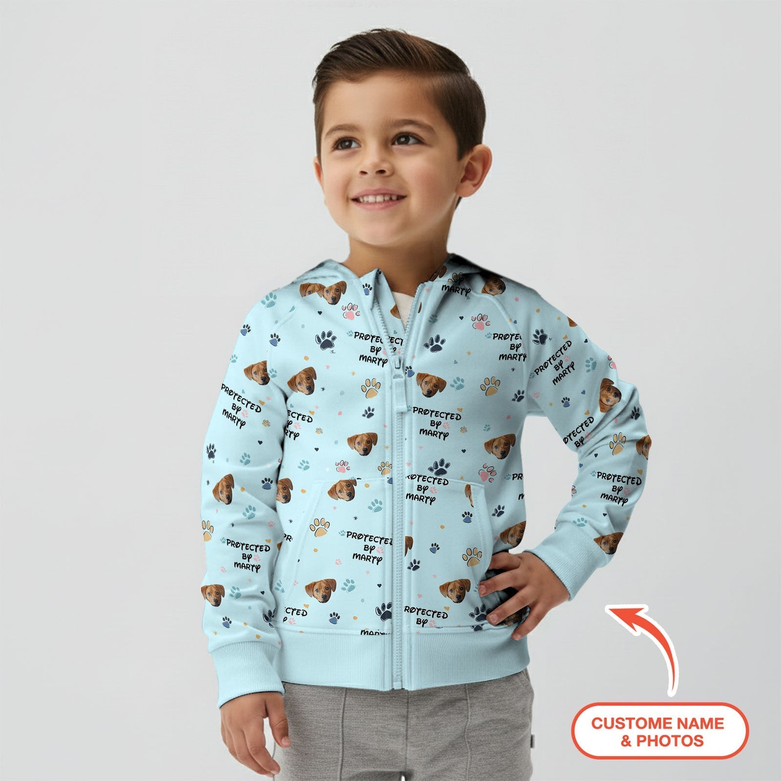 Custom Dog Photo Pattern "Protected By" Zip Hoodie - StazzyBaby