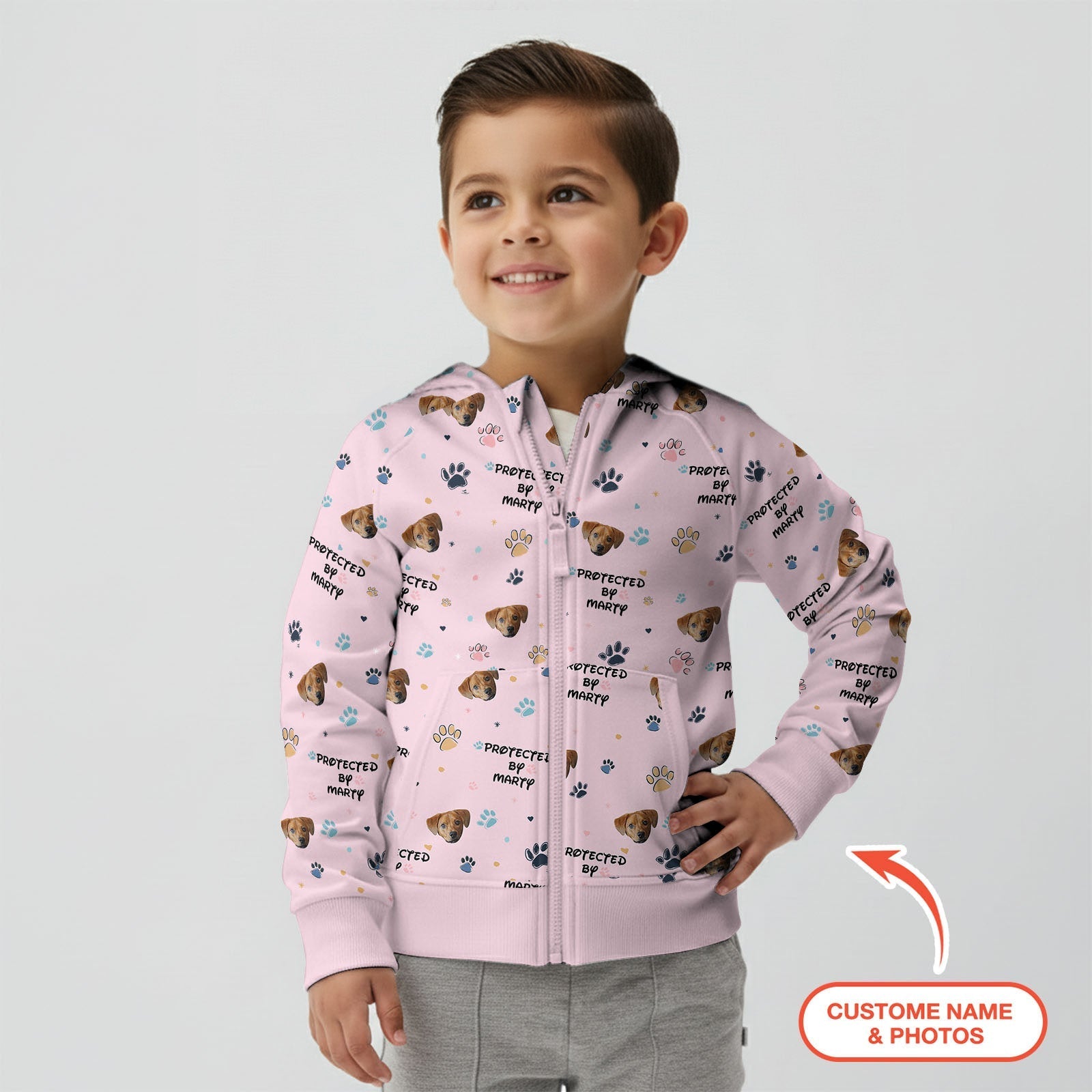 Custom Dog Photo Pattern "Protected By" Zip Hoodie - StazzyBaby