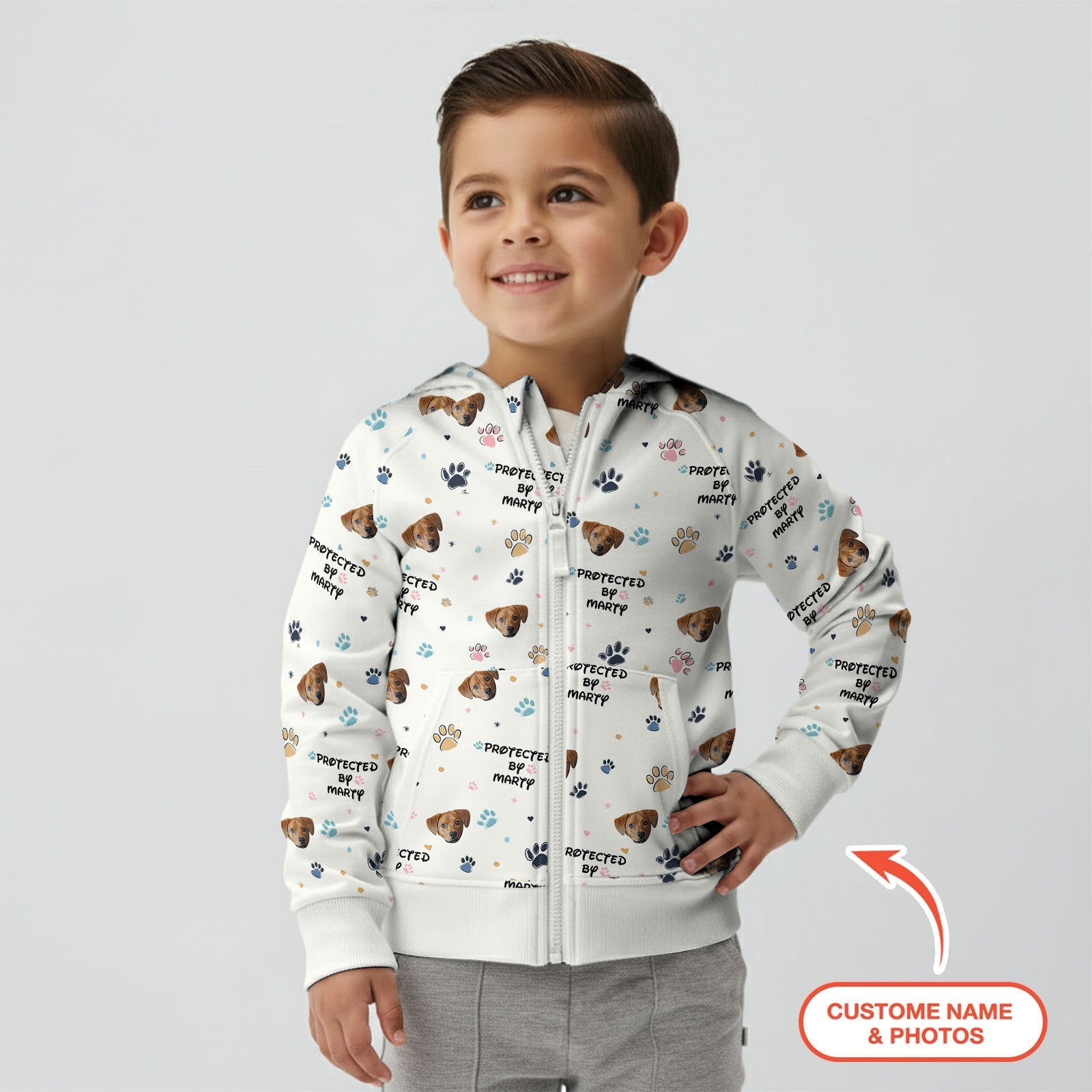 Custom Dog Photo Pattern "Protected By" Zip Hoodie - StazzyBaby