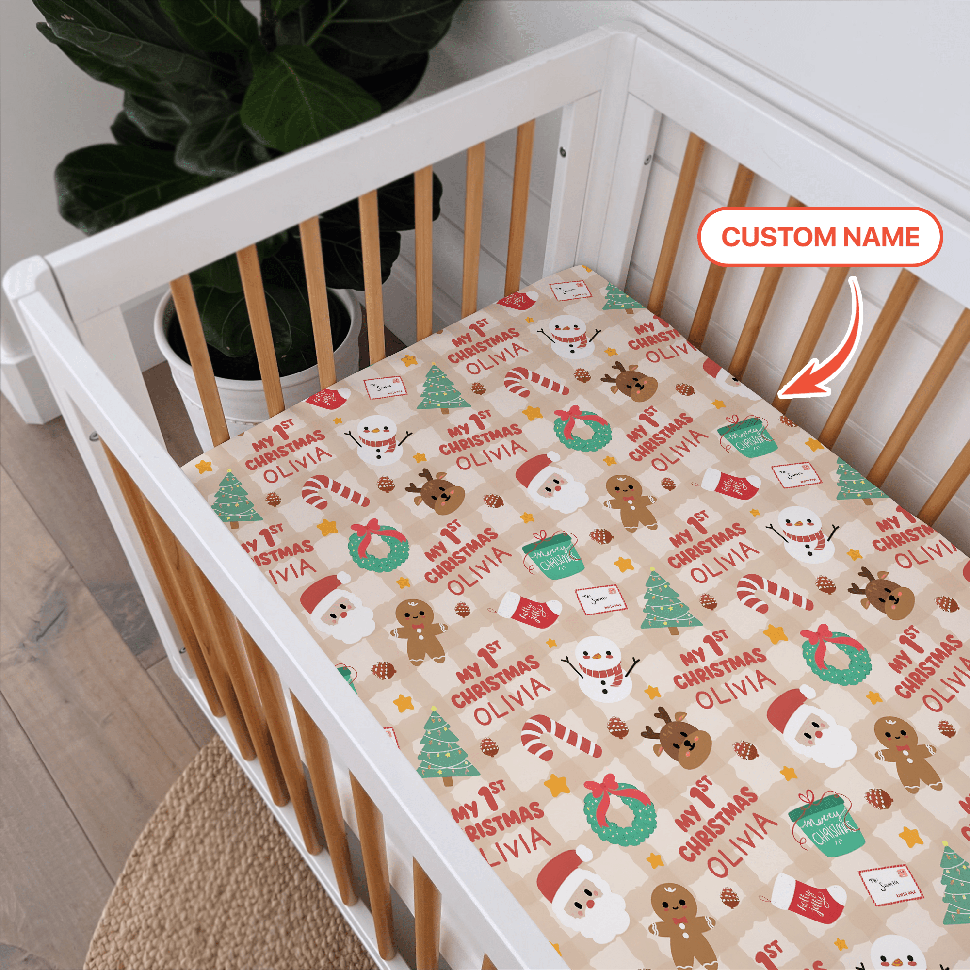 Custom Name My First Christmas Mocha Gingham Fitted Crib Sheet - StazzyBaby