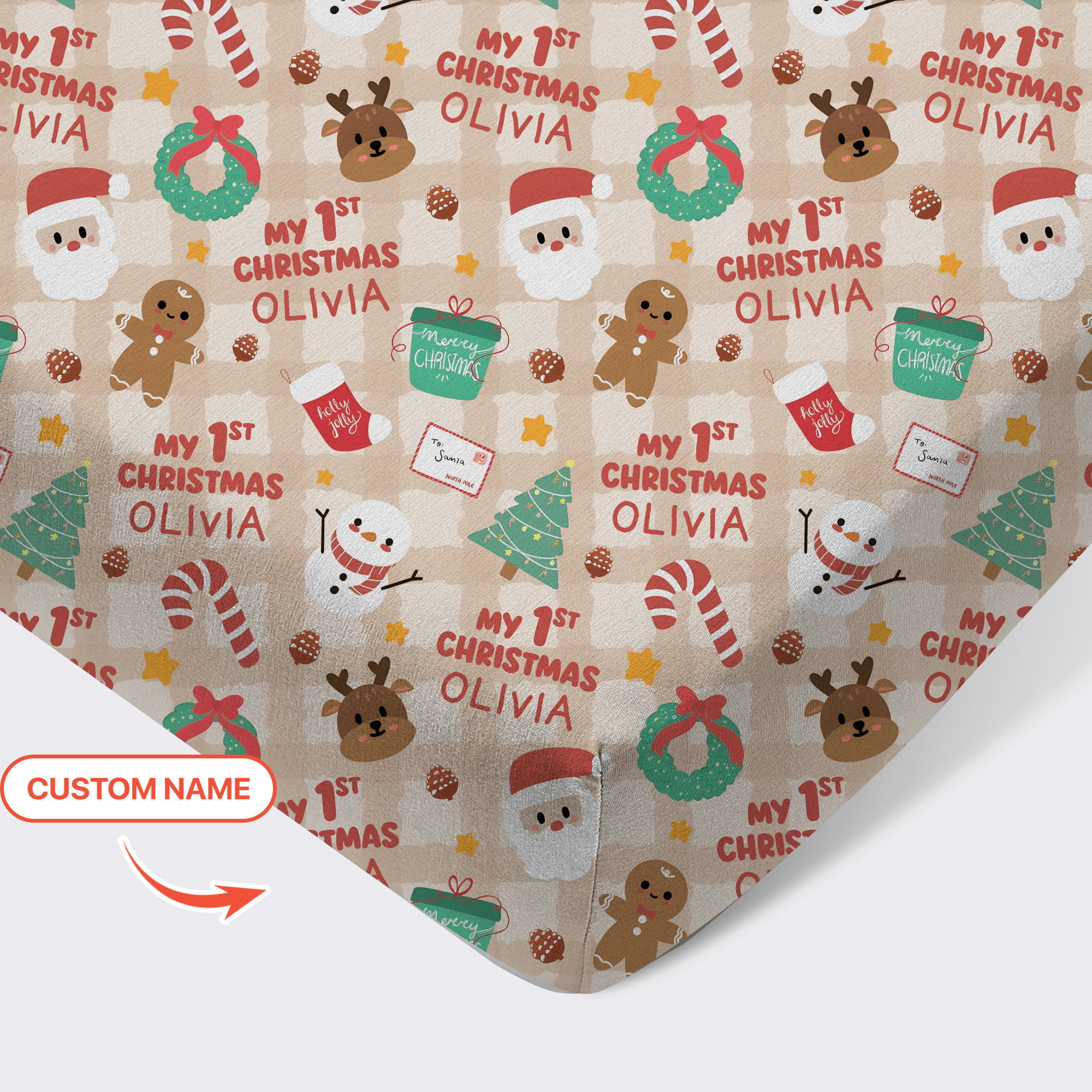 Custom Name My First Christmas Mocha Gingham Fitted Crib Sheet - StazzyBaby