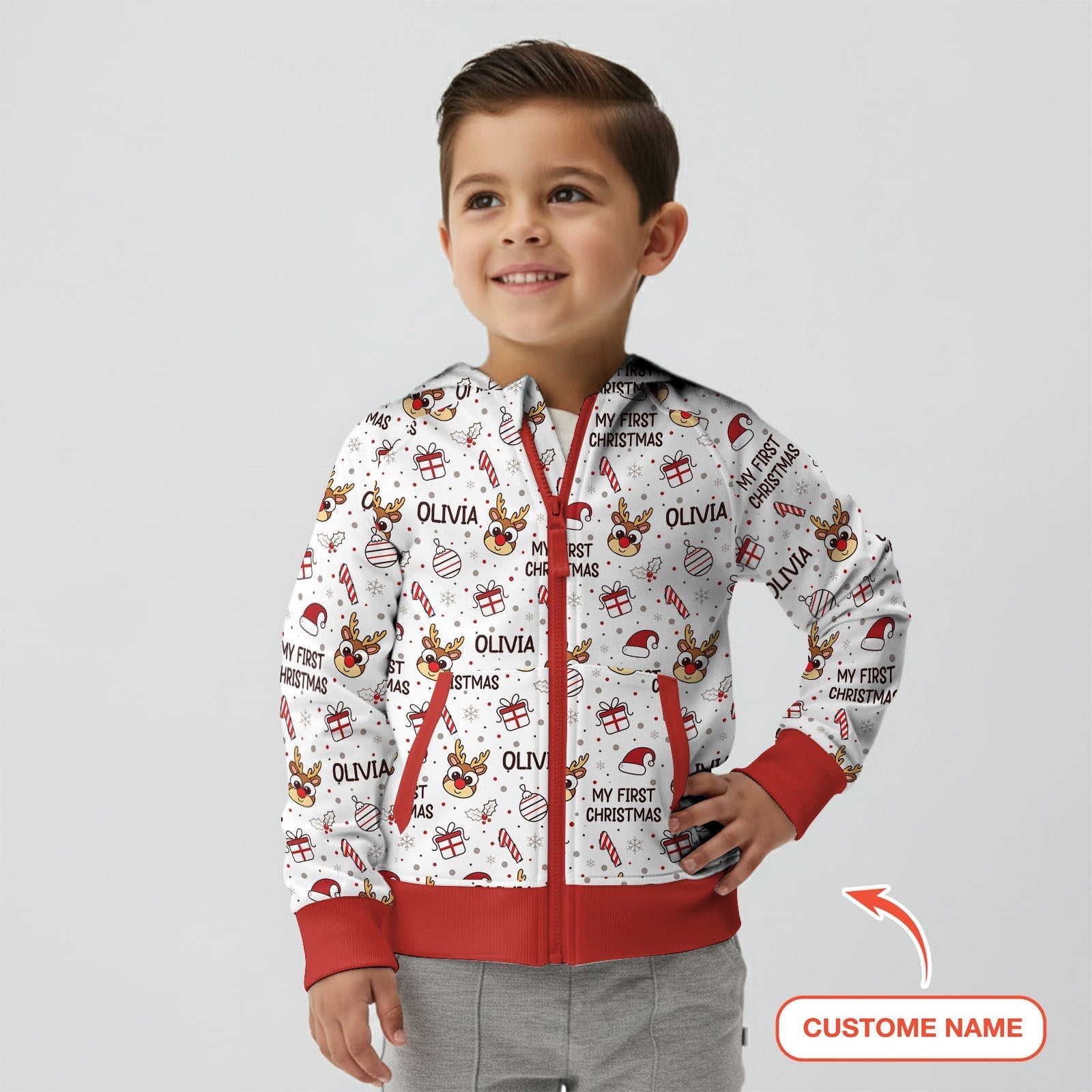 Custom Name Reindeer Doodle My First Christmas Zip Hoodie - StazzyBaby