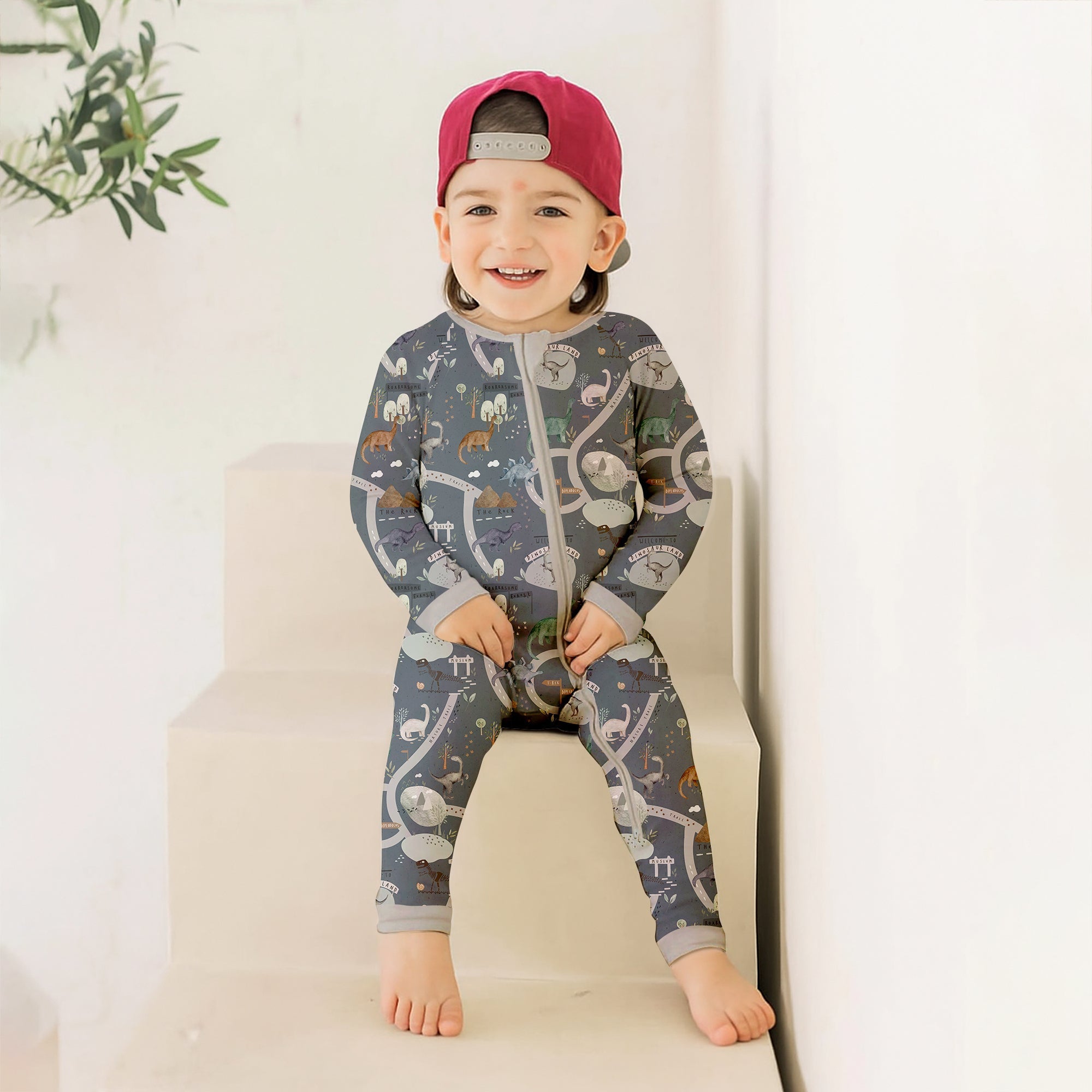 Dinosaur Route Map Convertible Zippered Romper - StazzyBaby