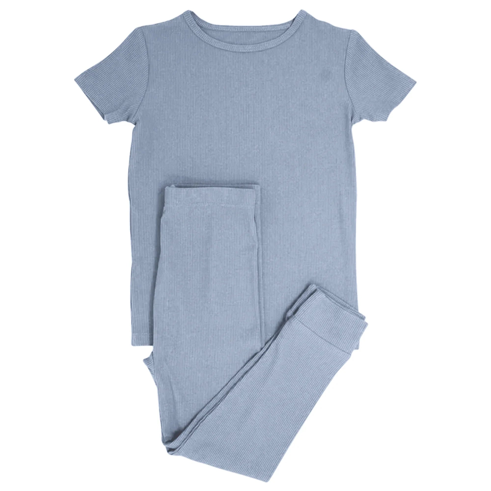 Misty Blue Ribbed Two Piece Short Sleeve & Pants Pajama Set - StazzyBaby