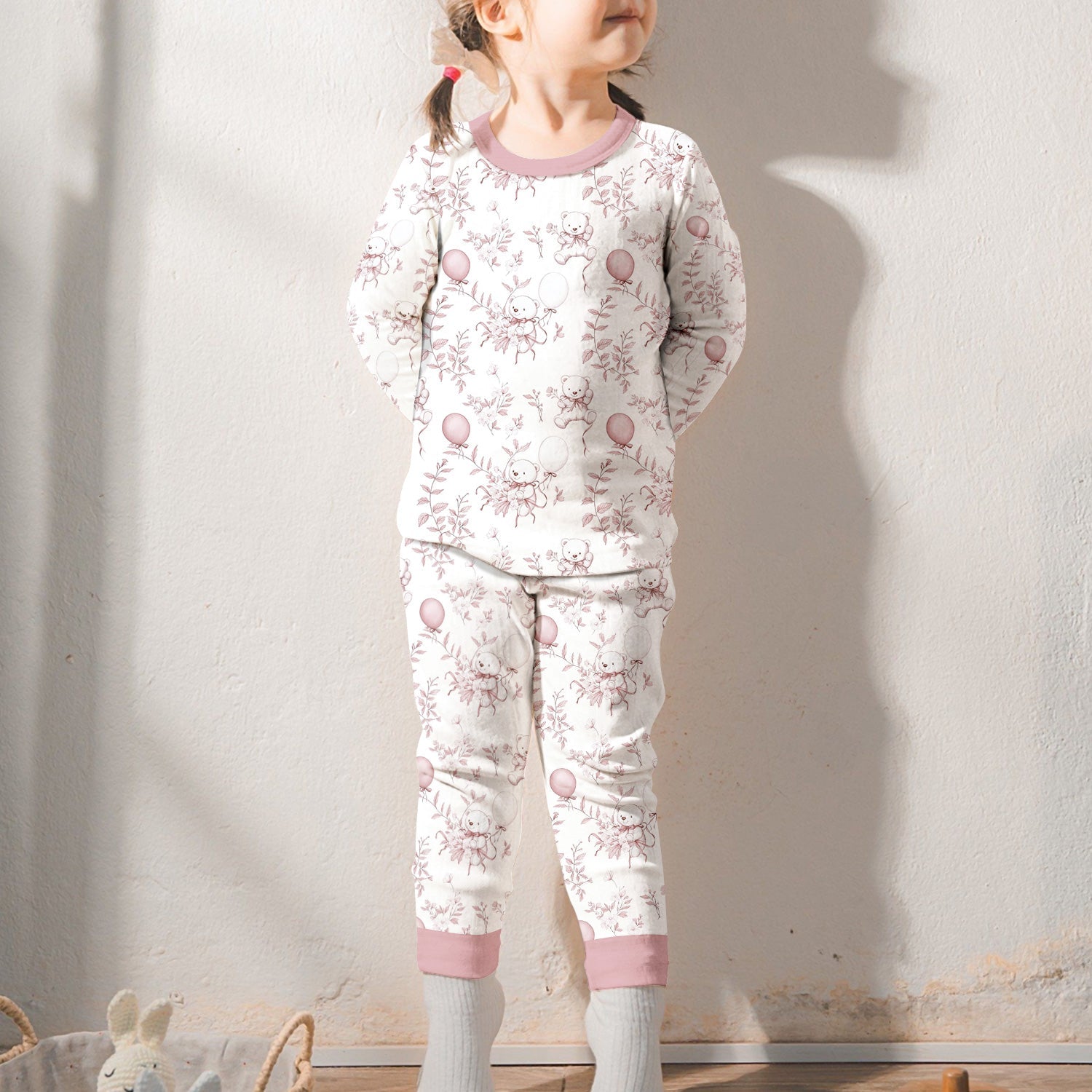 Pink Bear Toile de jouy Two Piece Long Sleeve Pajama Set - StazzyBaby