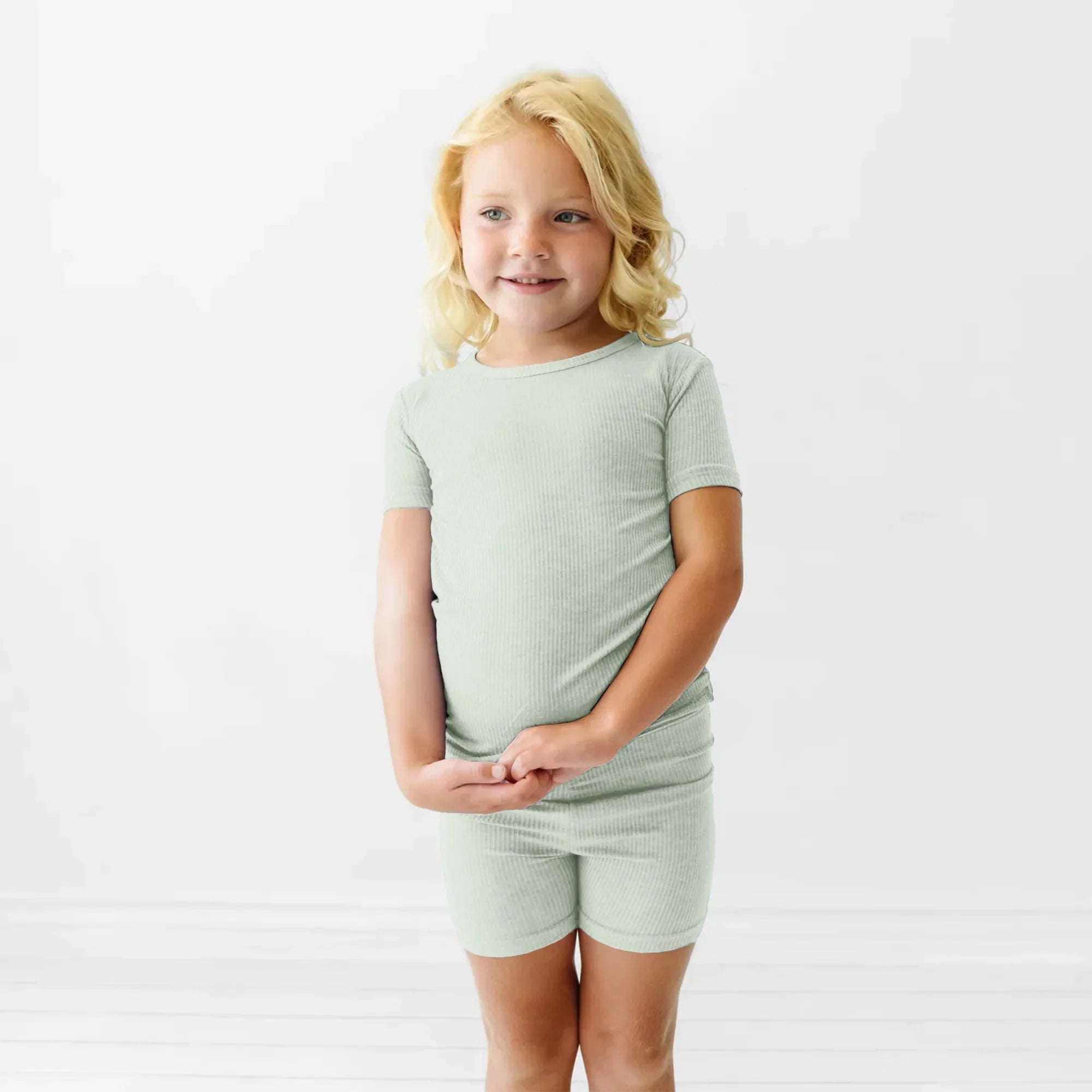 Sweet Sage Ribbed Two Piece Short Sleeve & Shorts Pajama Set - StazzyBaby