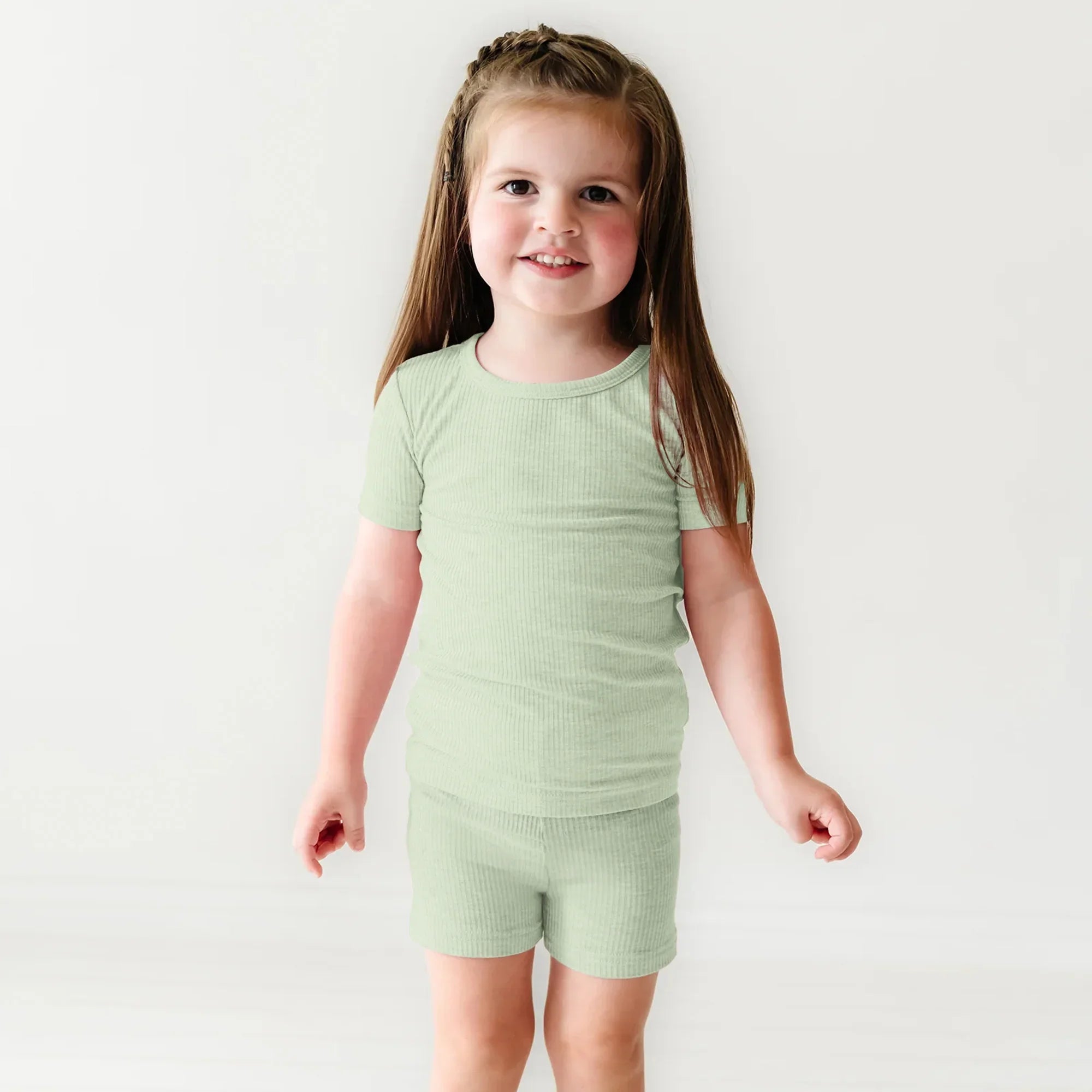 Sweet Sage Ribbed Two Piece Short Sleeve & Shorts Pajama Set - StazzyBaby